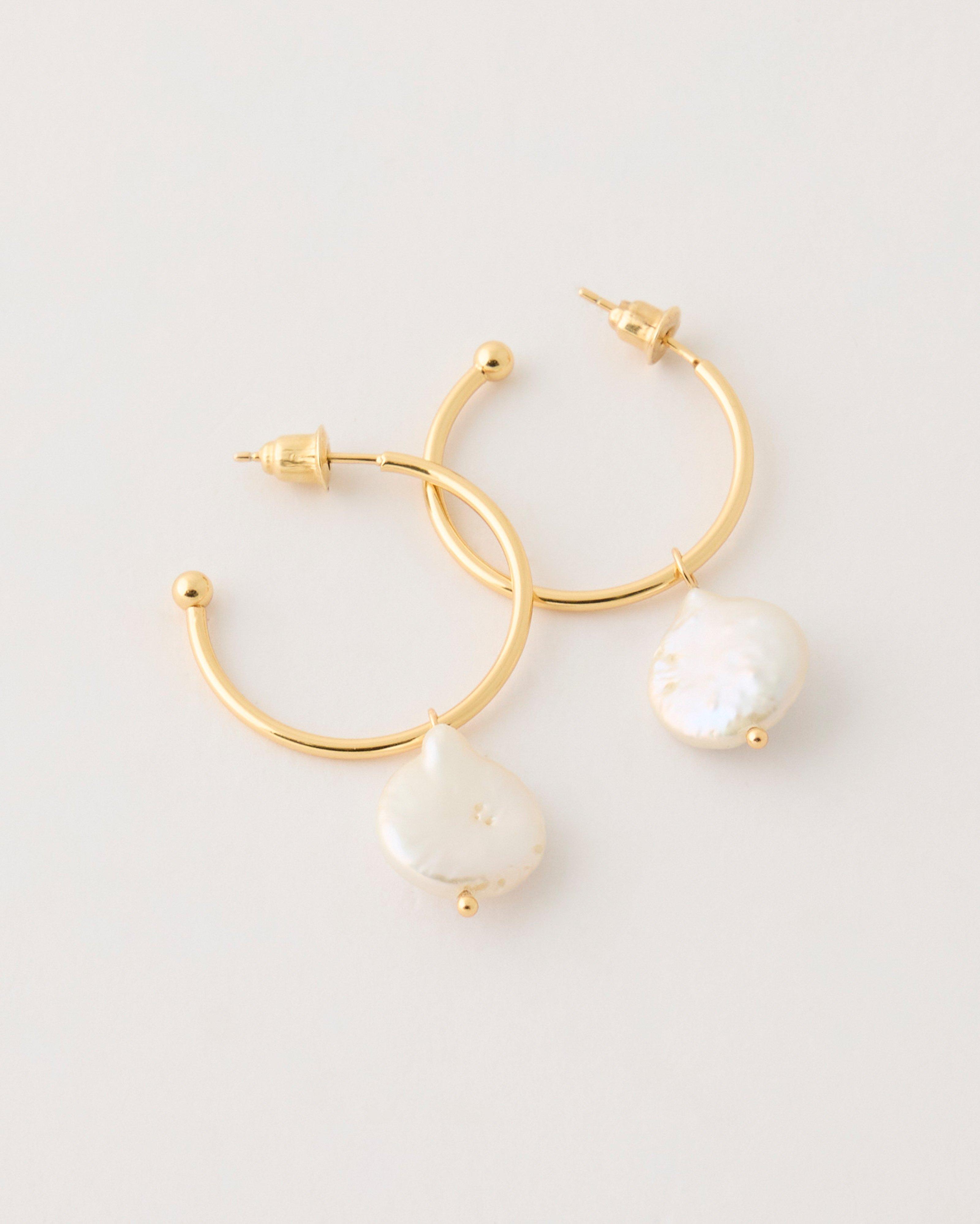 Sterling Silver 24mm Hoop with 11mm Freshwater Pearl Earrings  -  Gold