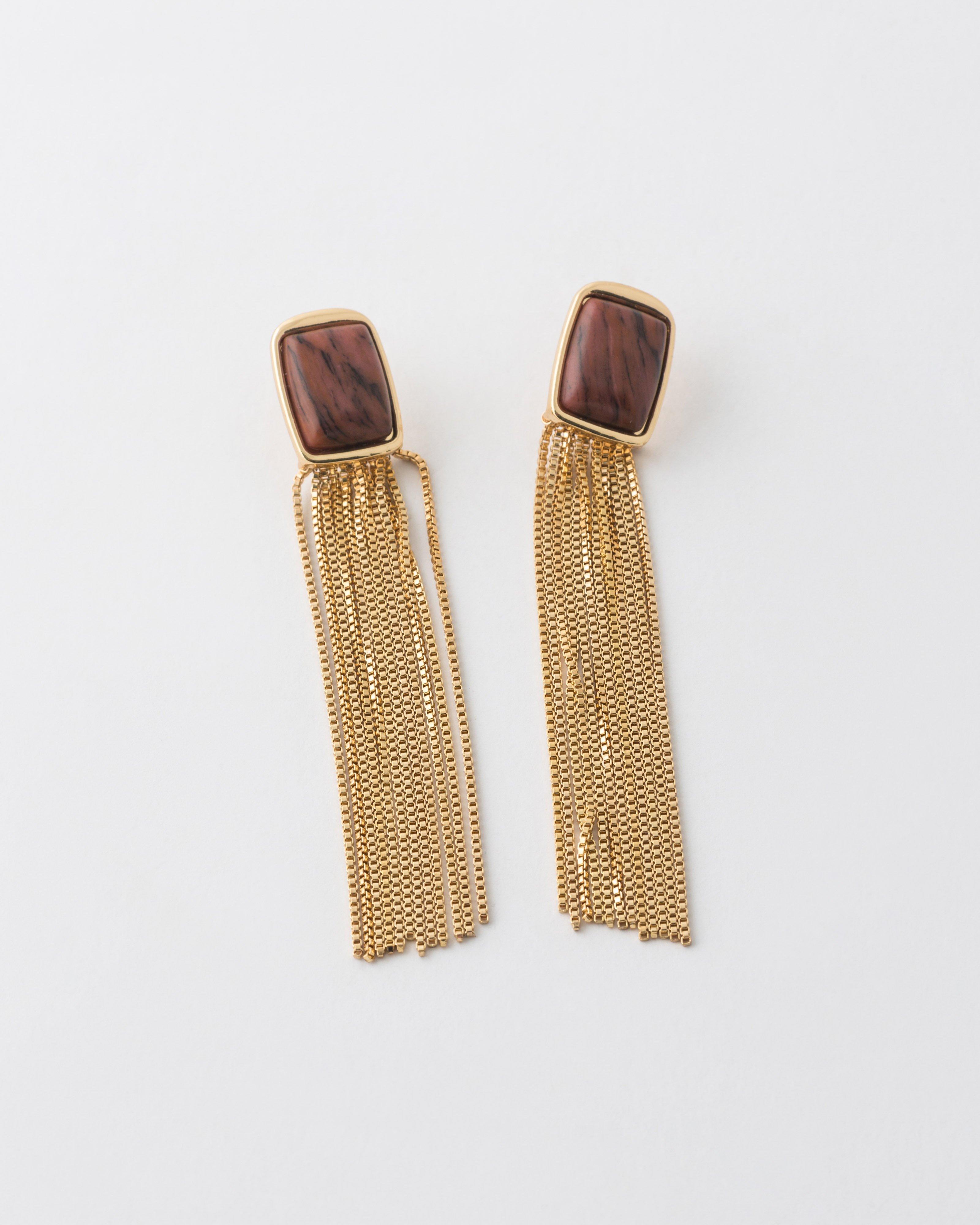 Western Dangle with Brown Stone Earrings -  Gold
