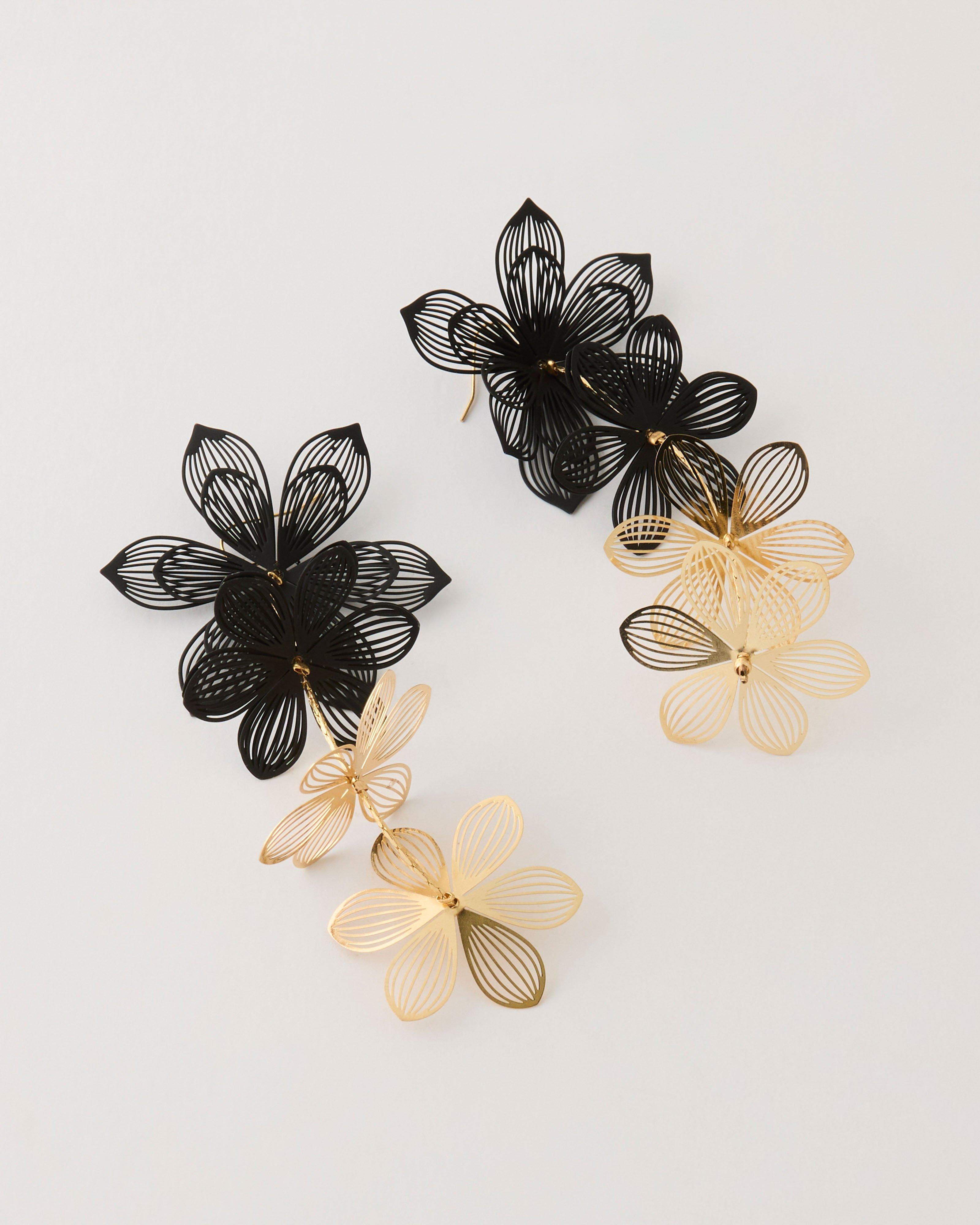 Flower Drop Earrings -  Black