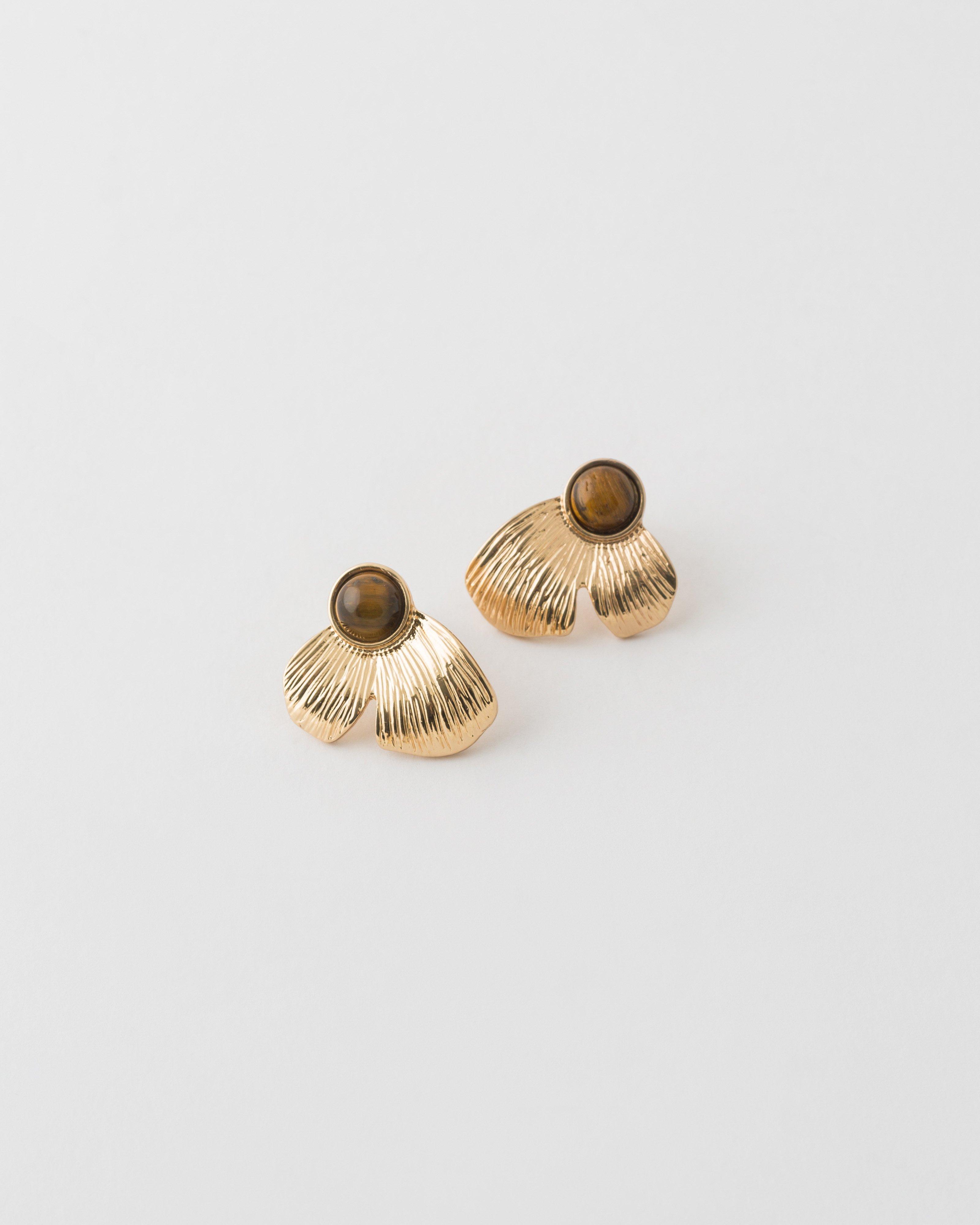 Pressed Petal with Stone Earrings -  Gold