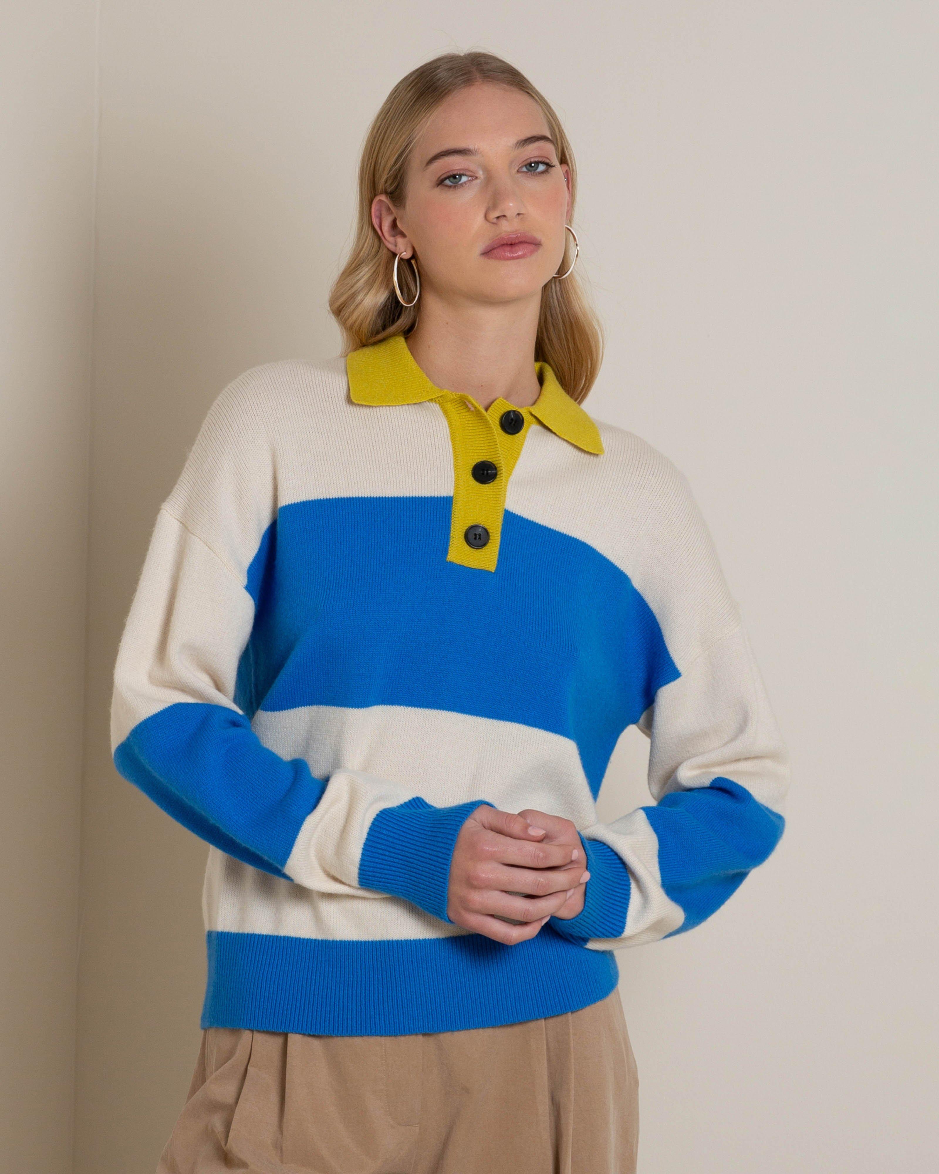 Lizo Stripe Polo Collar Knit Jersey -  Milk