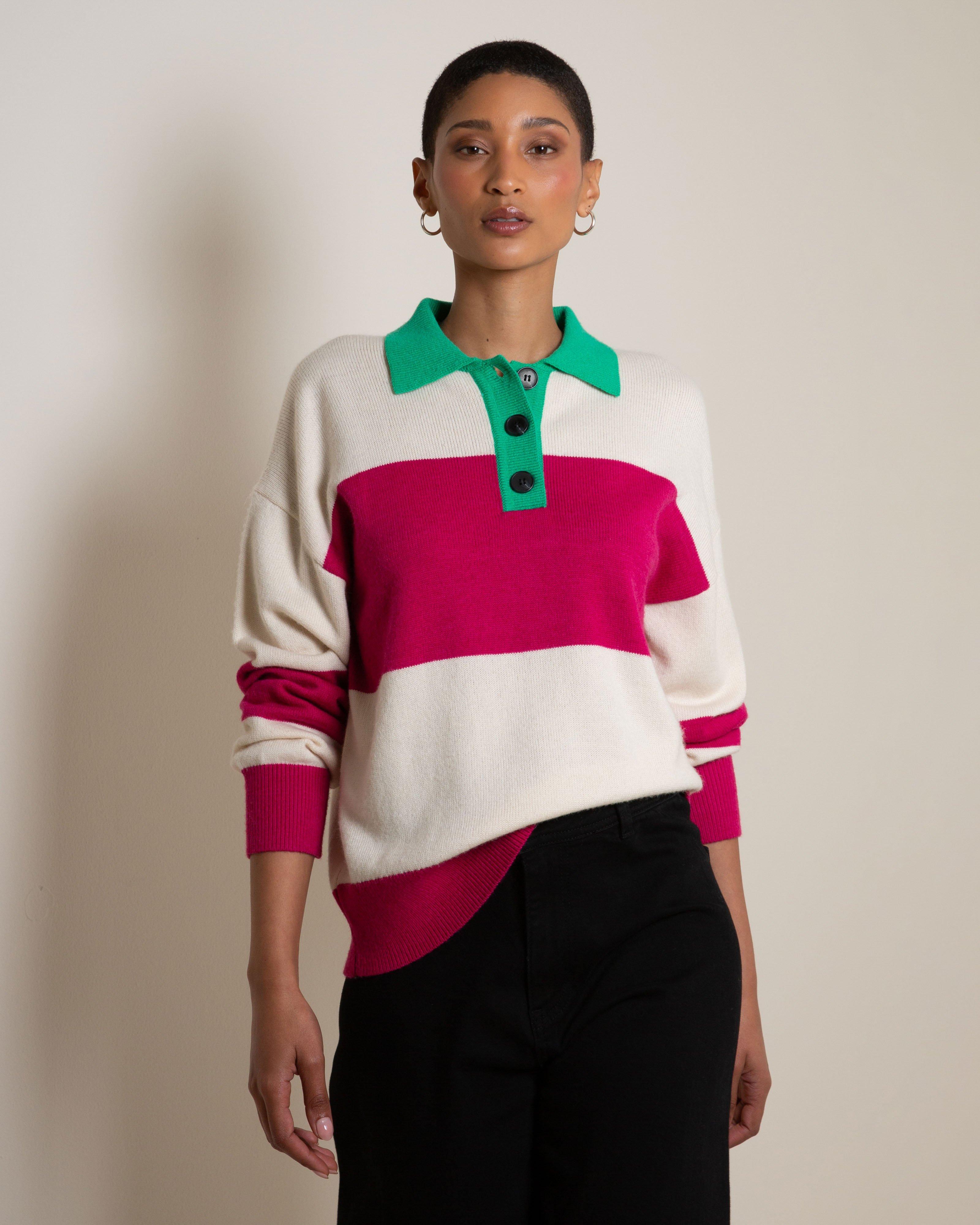Lizo Stripe Polo Collar Knit Jersey -  Pink