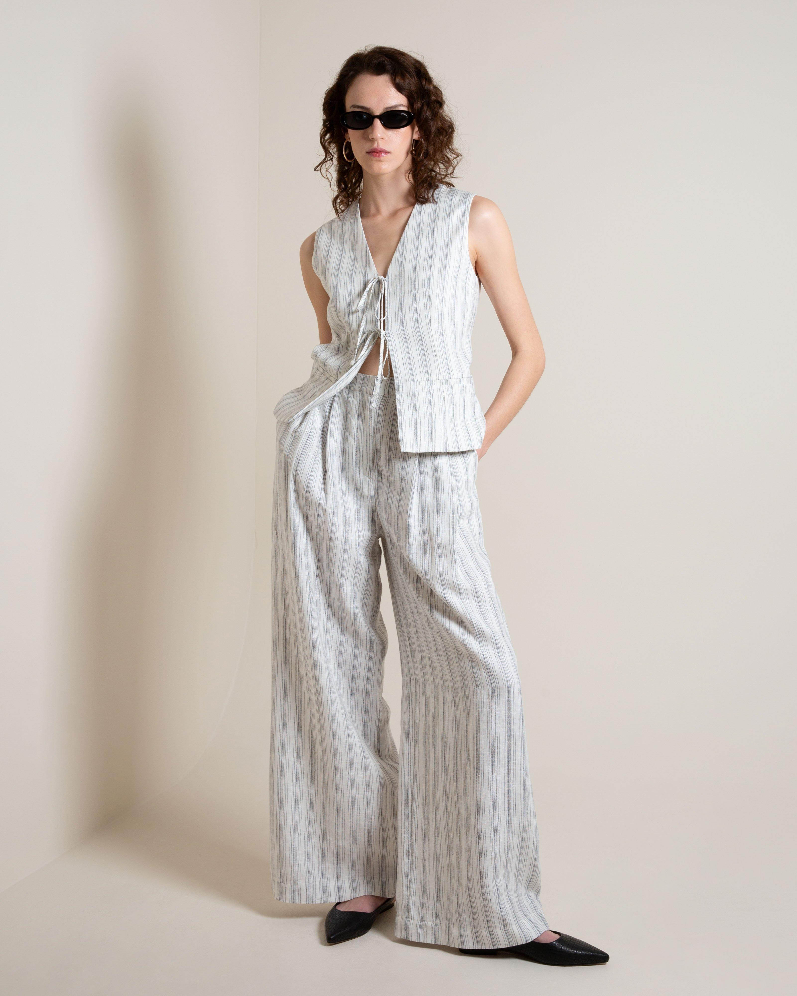  Beniska Stripe Linen Tie Waistcoat -  Milk