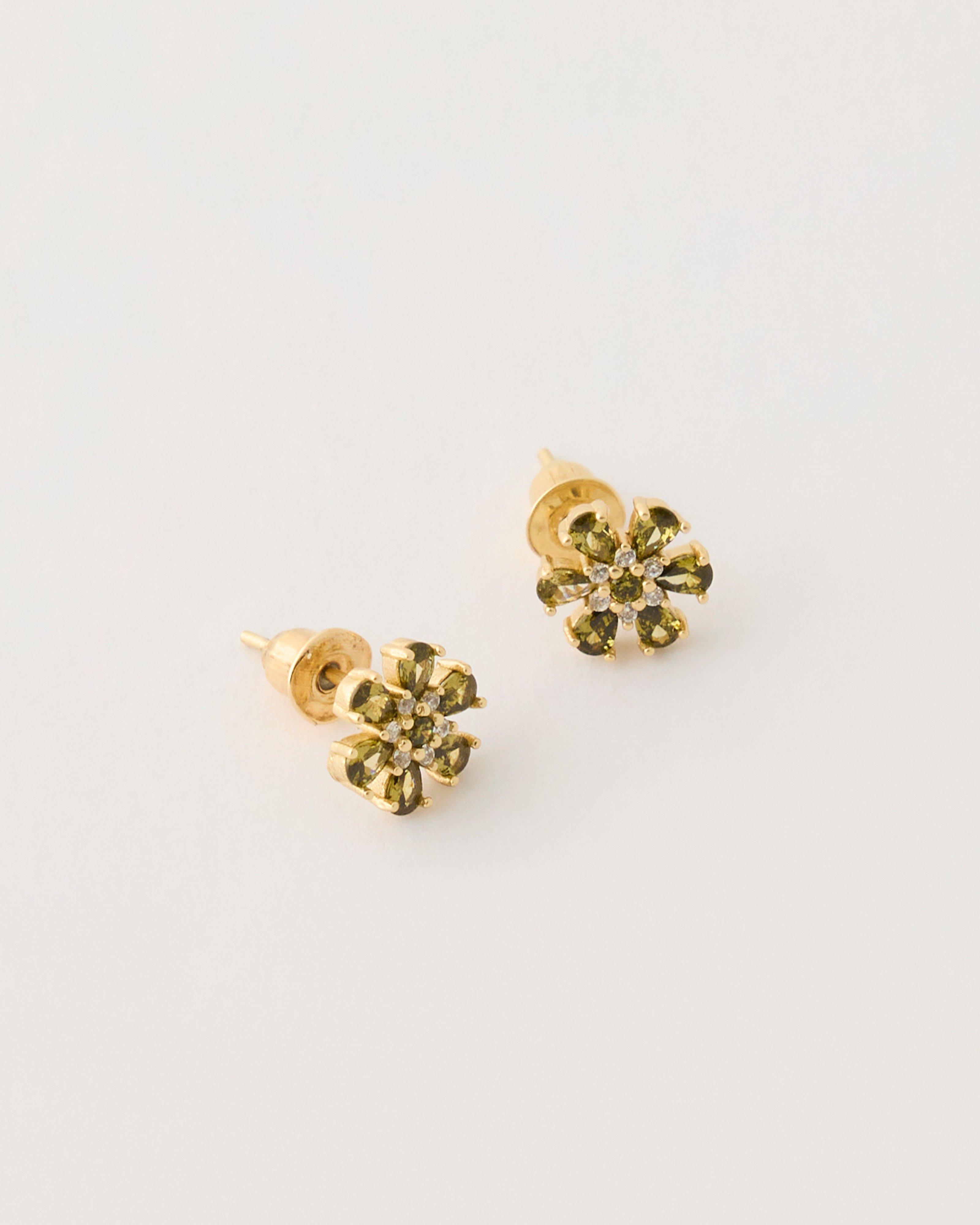 Sterling Silver Flower Stone Stud Earrings -  Light Khaki