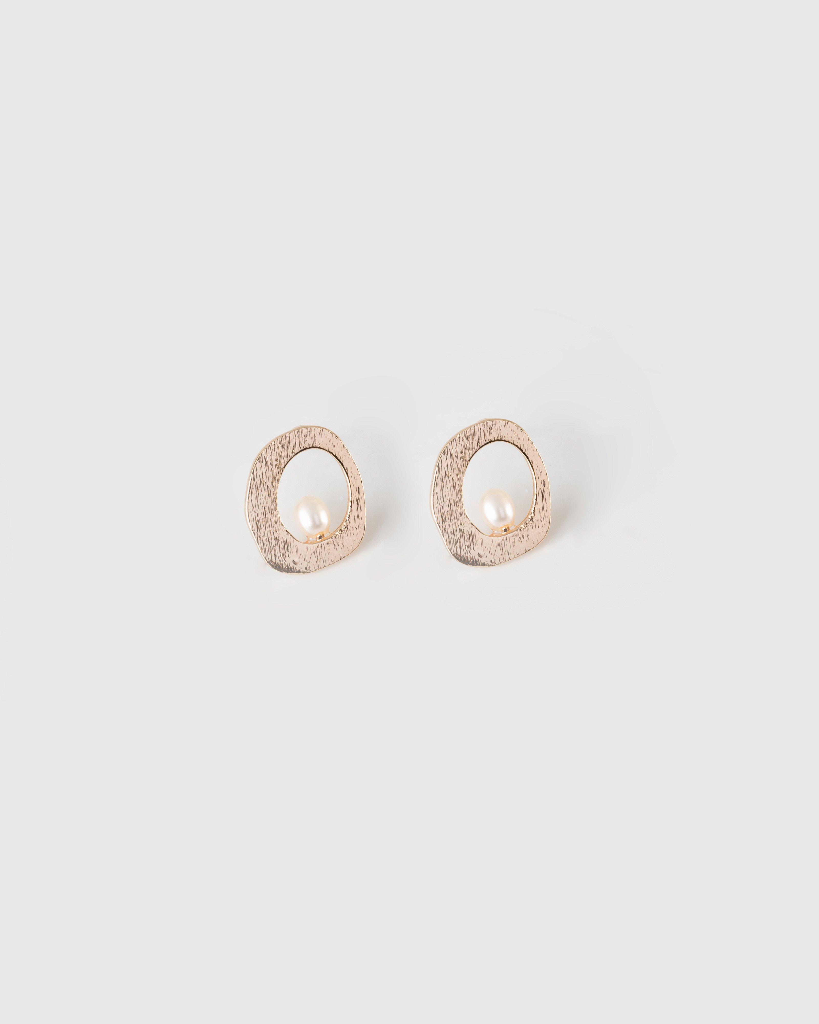 Freshwater Pearl Organic Circle Stud Earrings -  Silver