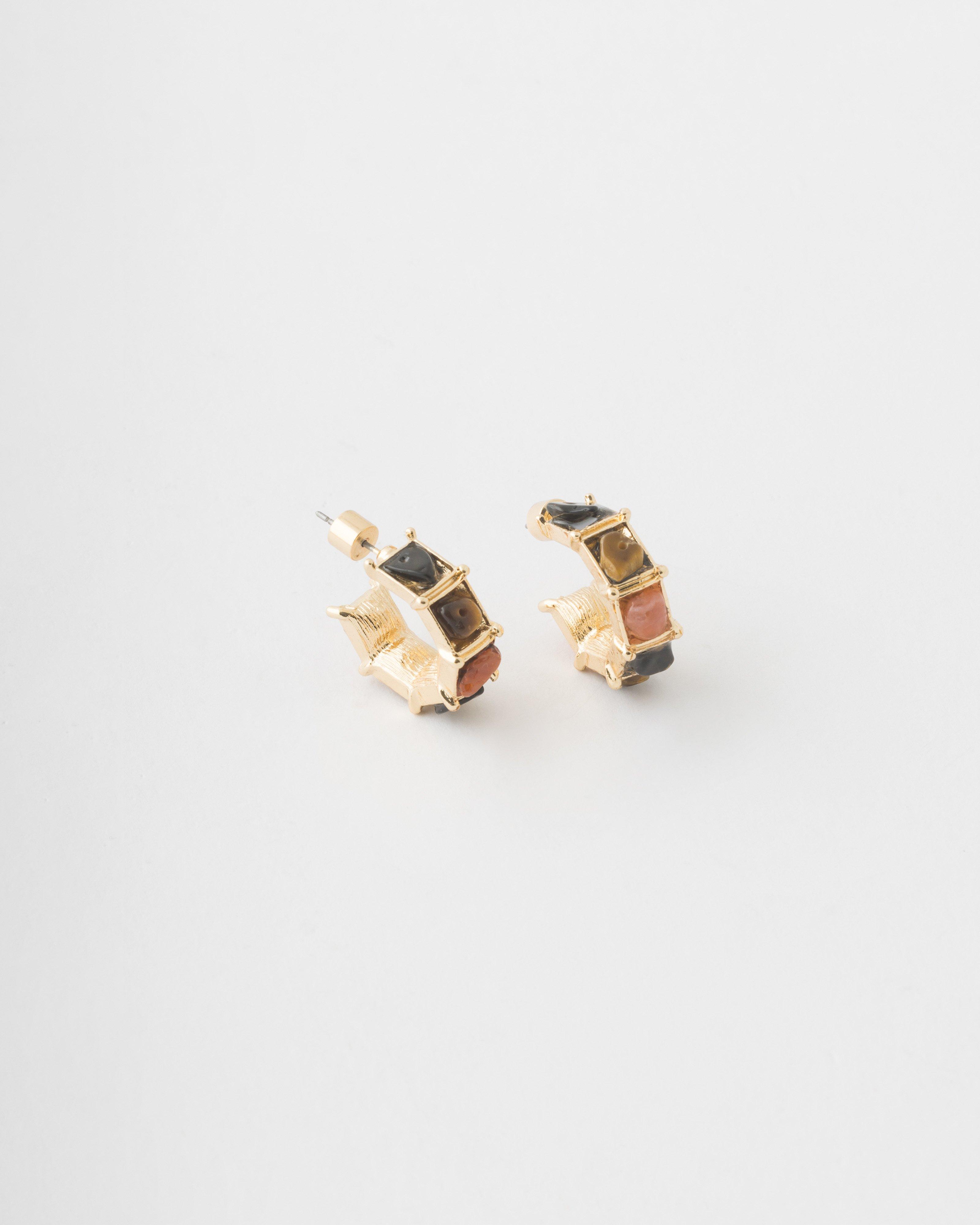 Stone Inlayed Chunky Hoop Earrings  -  Brown