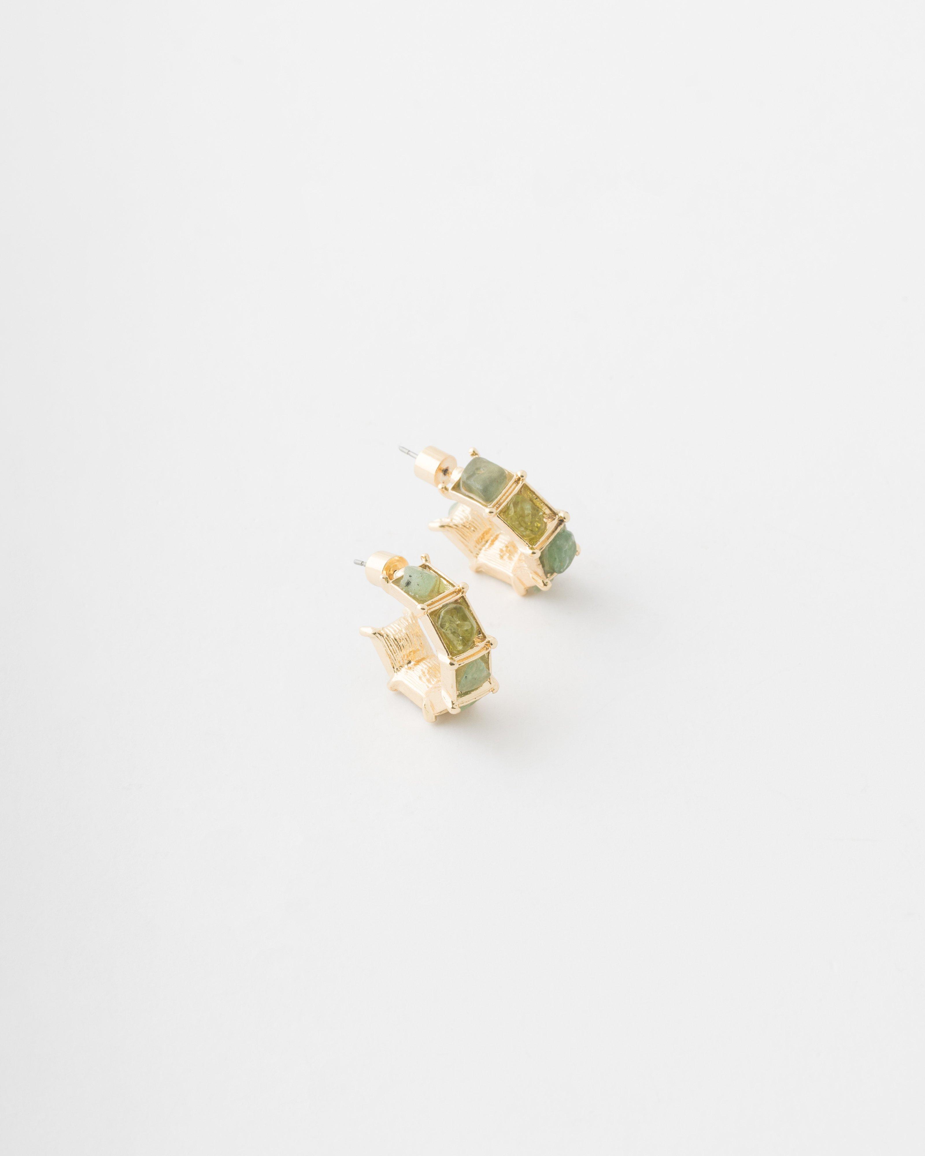 Stone Inlayed Chunky Hoop Earrings  -  Green