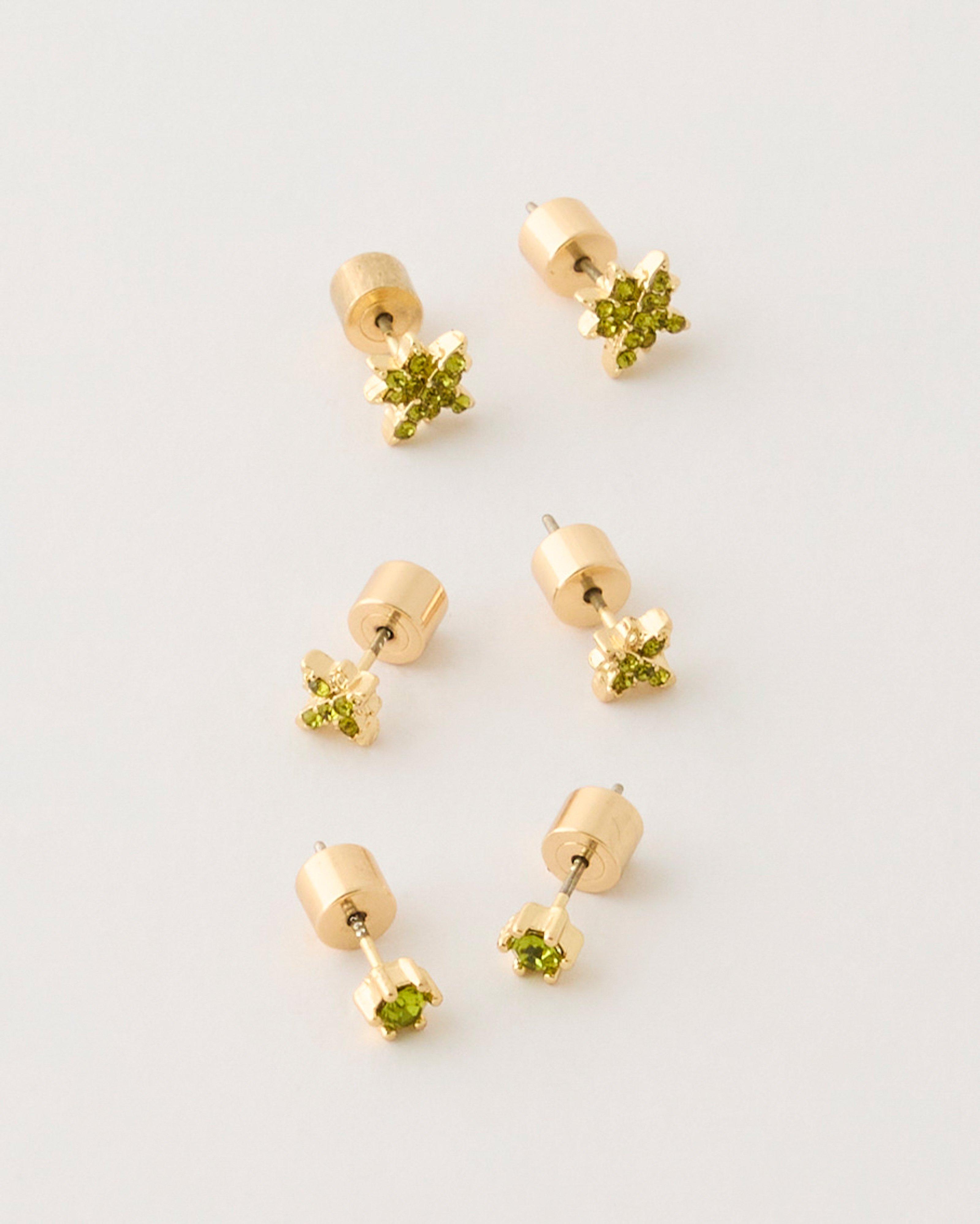 Star & Stone Stud Earrings Pack -  Olive