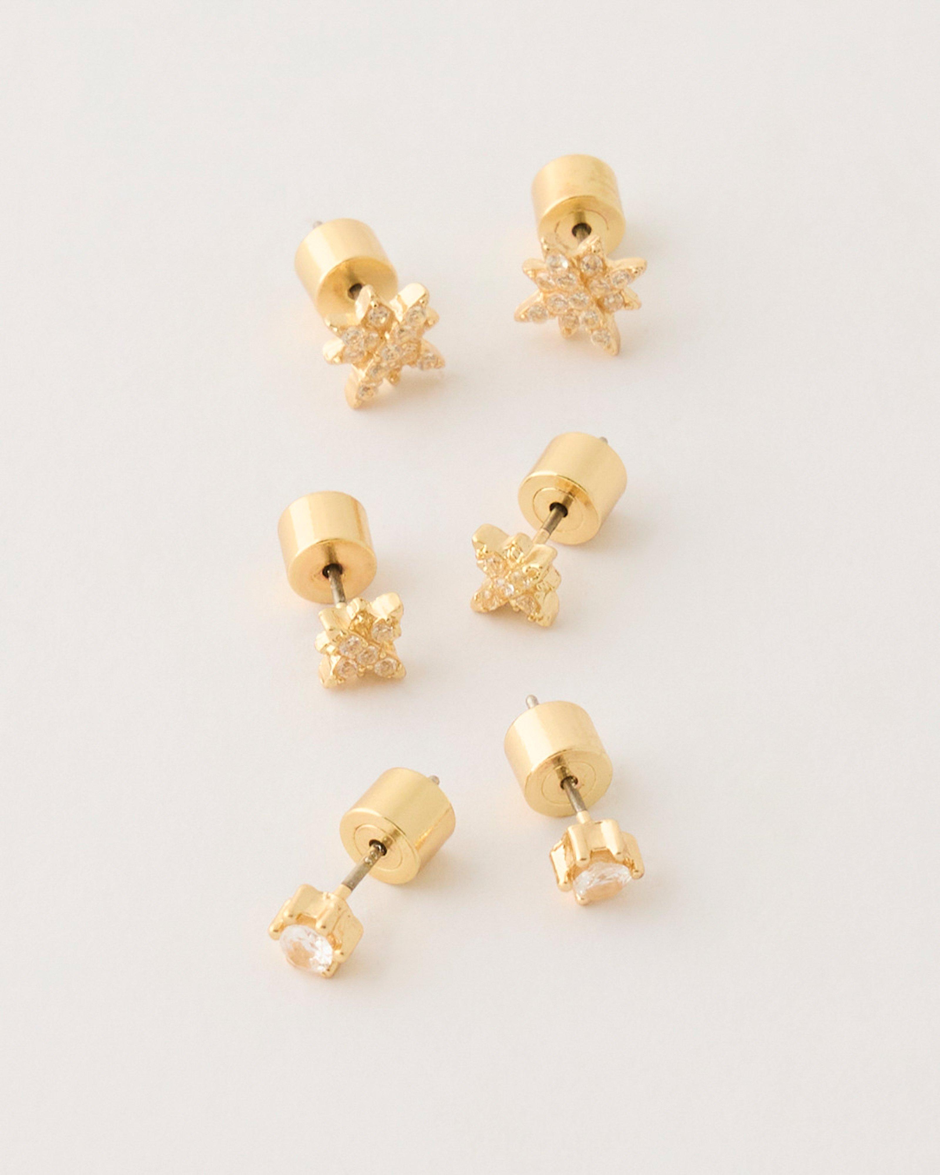 Star & Stone Stud Earrings Pack -  Gold