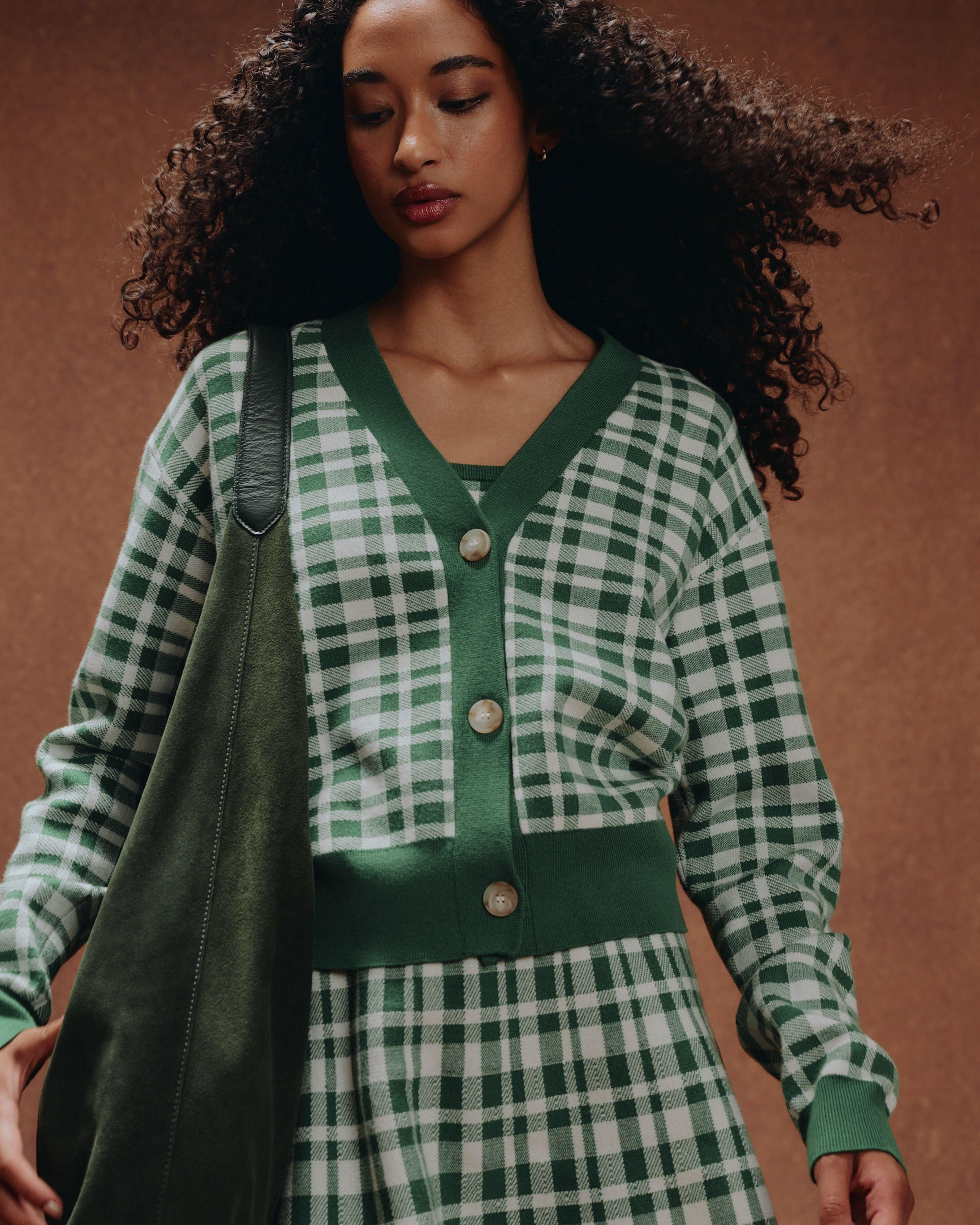 akiki CHECK FRILL CARDIGAN /l.gray×green Women's Val Checked Cardigan | Old Khaki