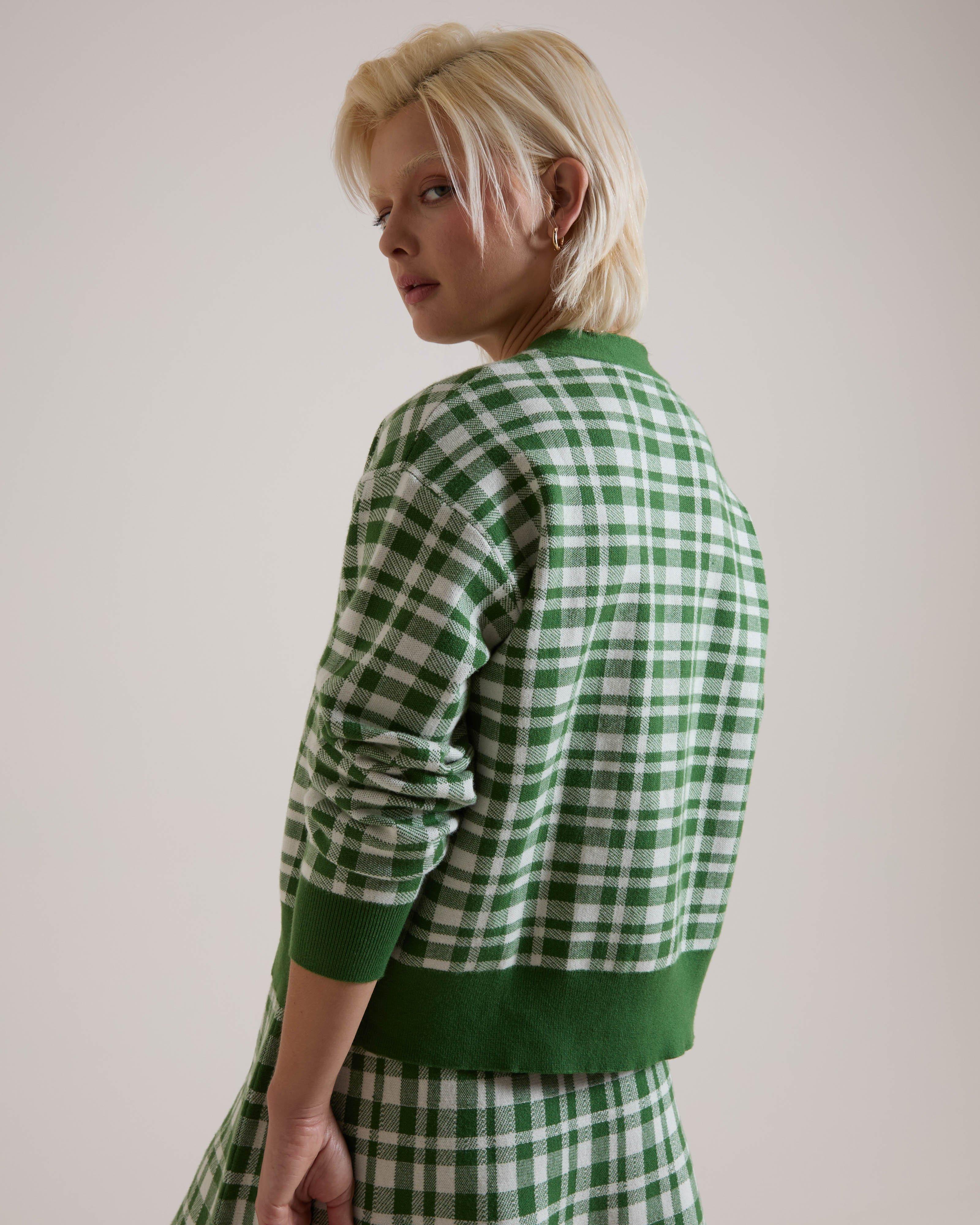 akiki CHECK FRILL CARDIGAN /l.gray×green 615A8904_600x600_crop_center.