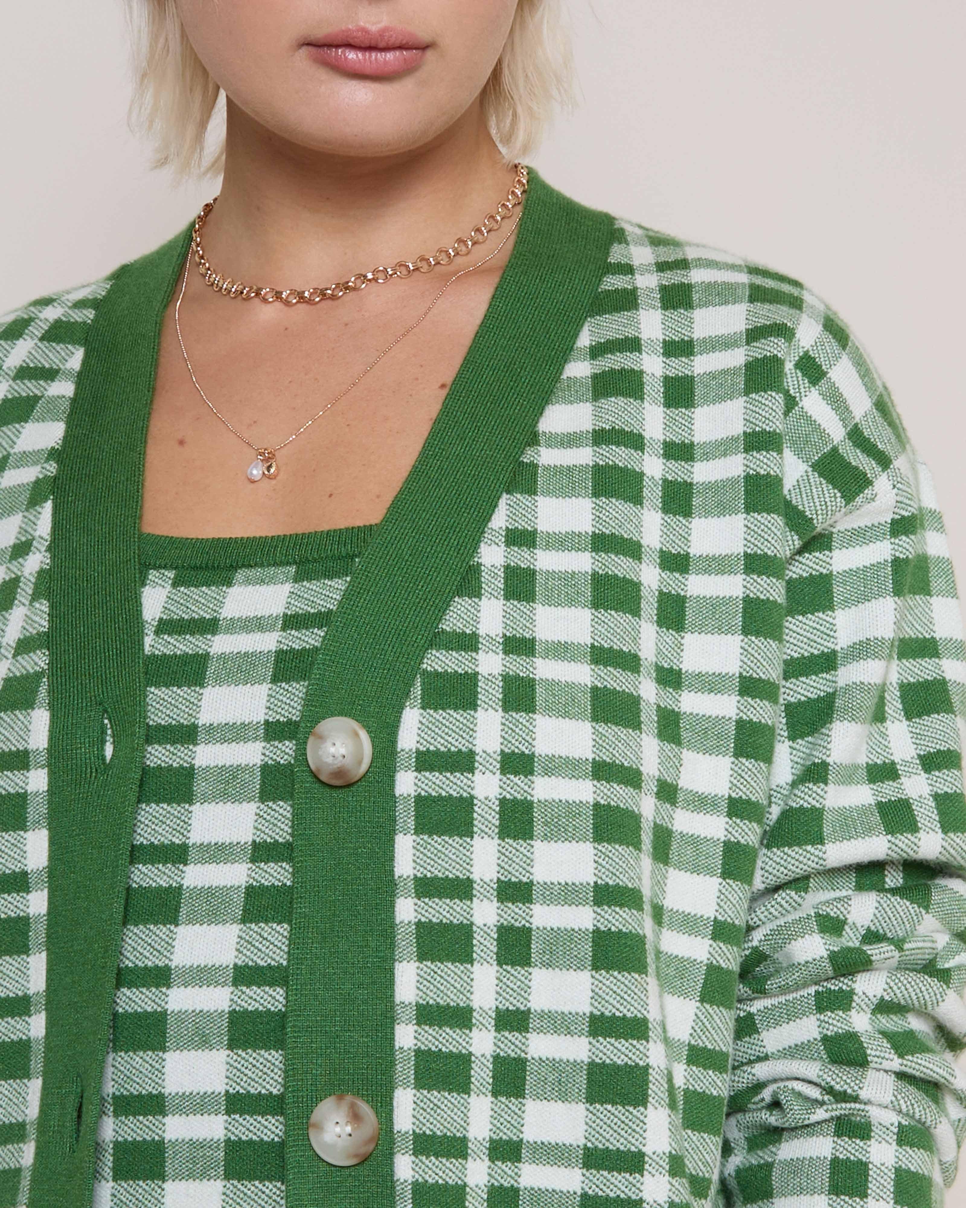 akiki CHECK FRILL CARDIGAN /l.gray×green 615A8904_600x600_crop_center.