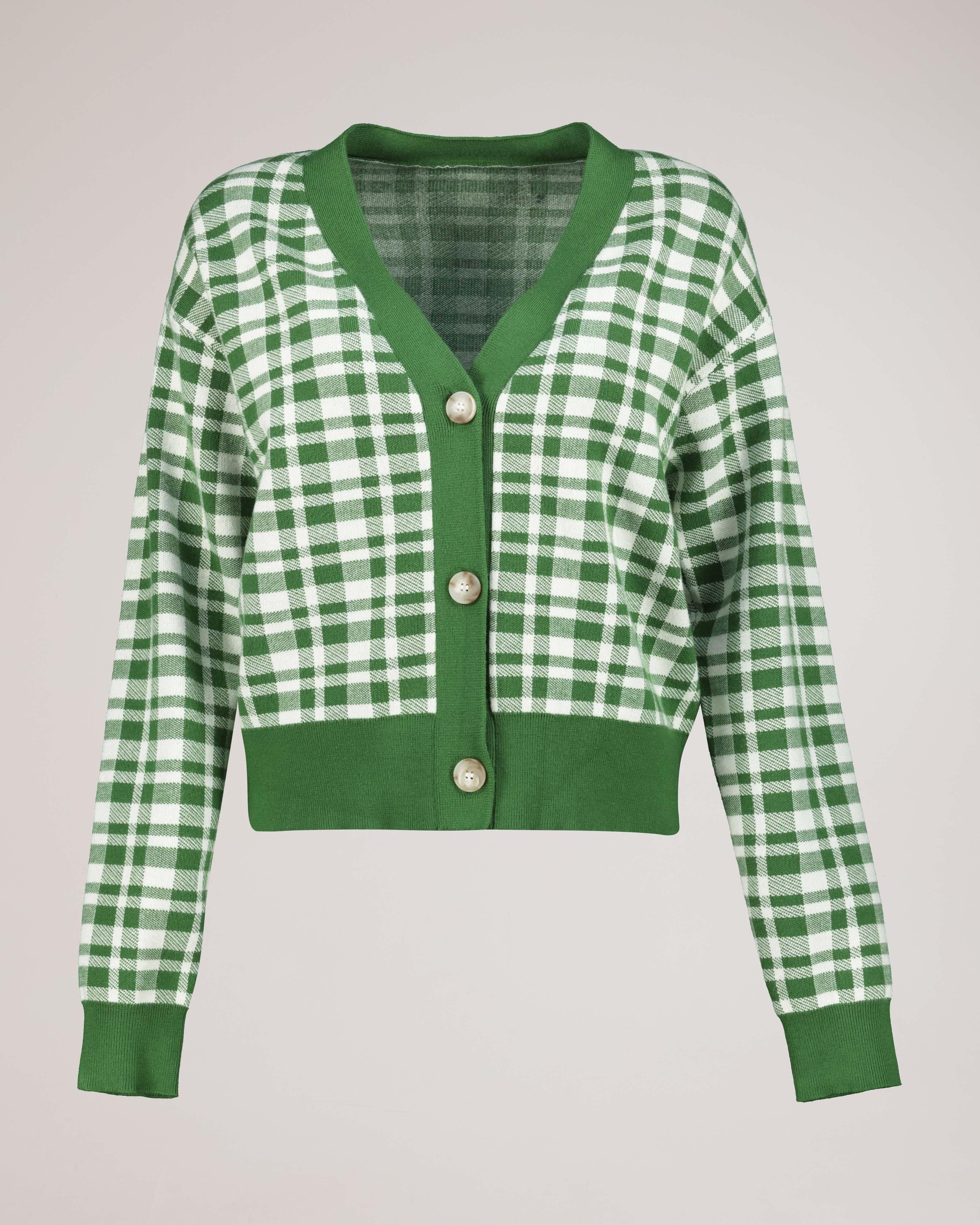 akiki CHECK FRILL CARDIGAN /l.gray×green Women's Val Checked Cardigan | Old Khaki