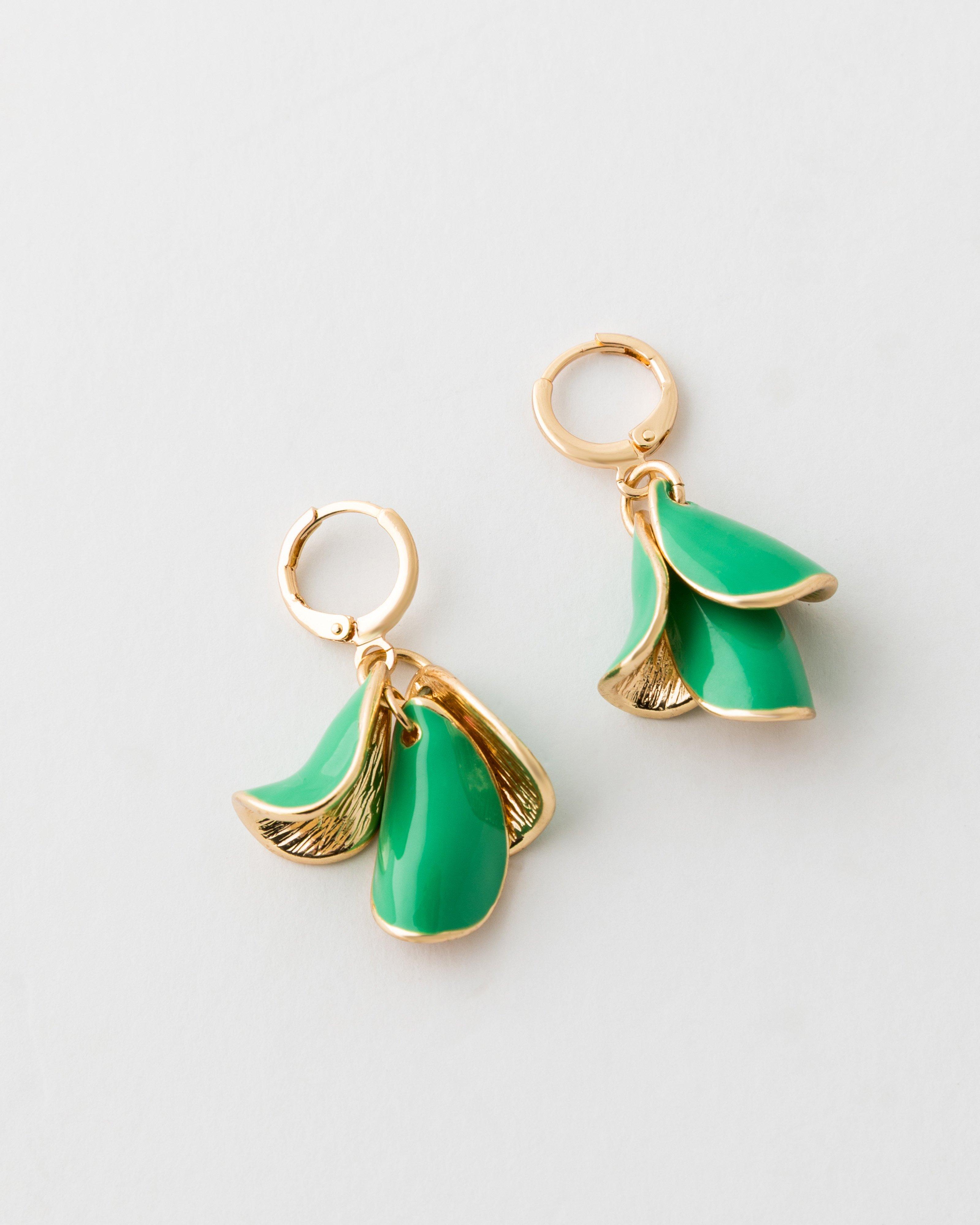 Enamel Half Petal Earrings  -  Green