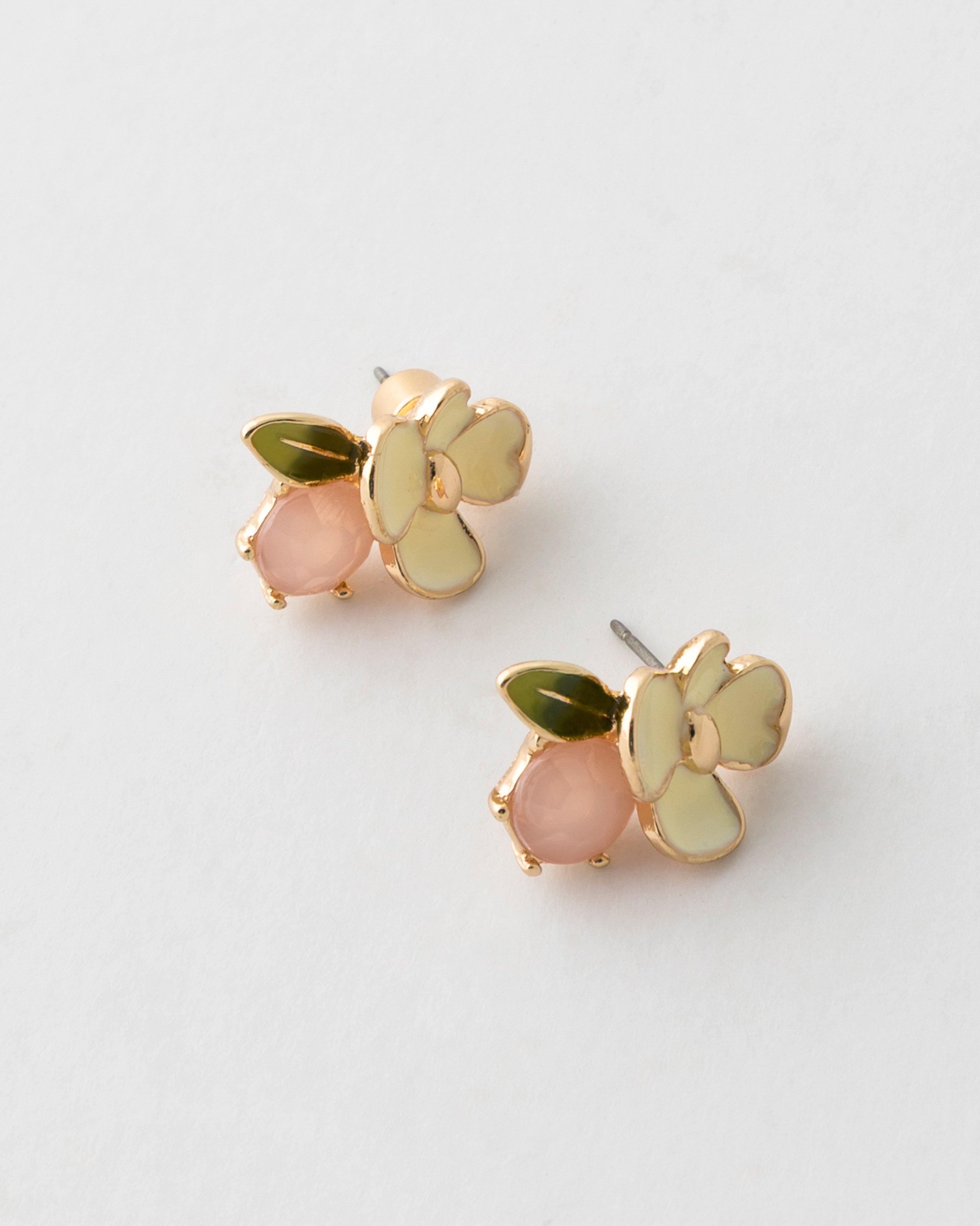  Flower & Stone Cluster Earrings -  Pink