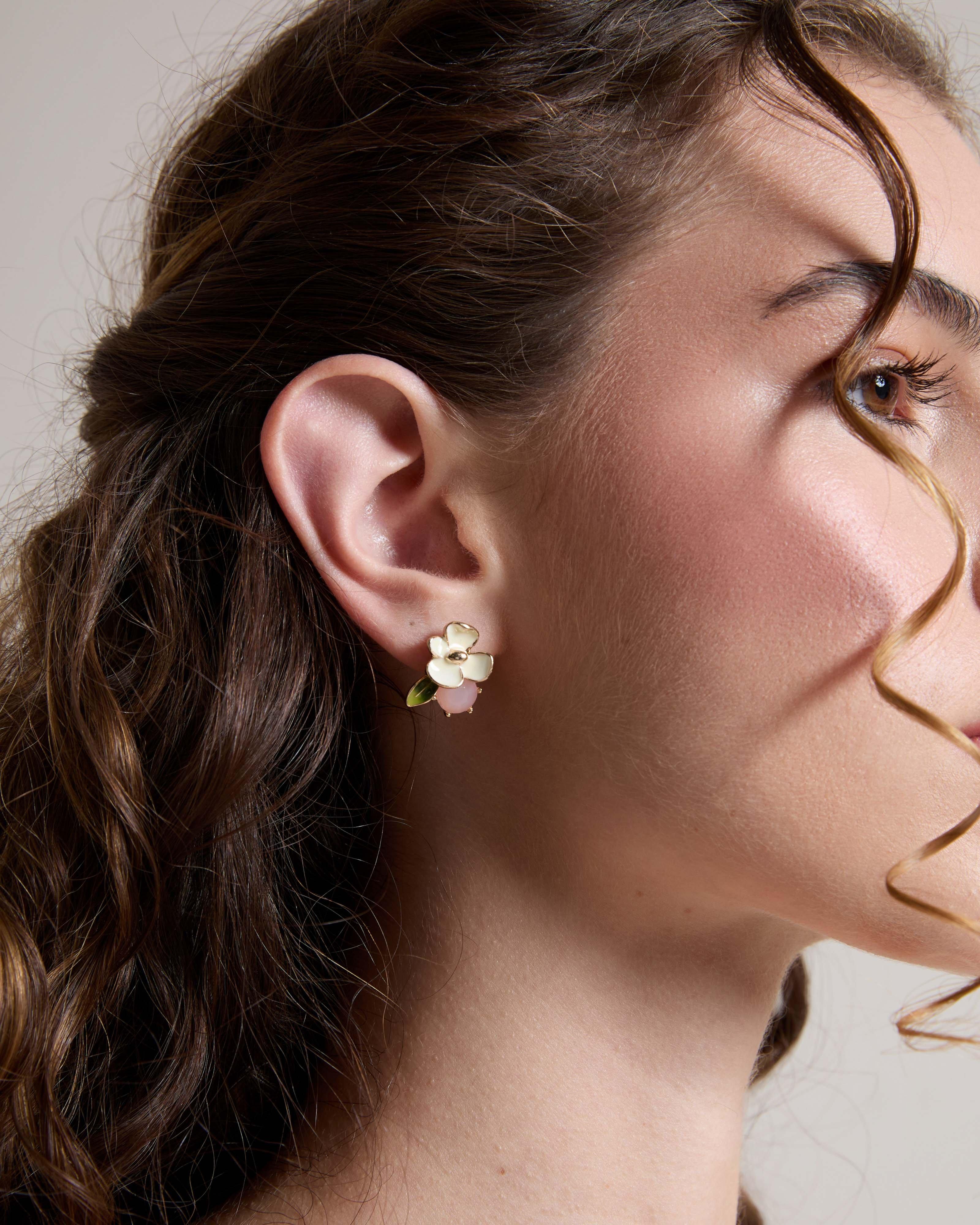  Flower & Stone Cluster Earrings -  Pink