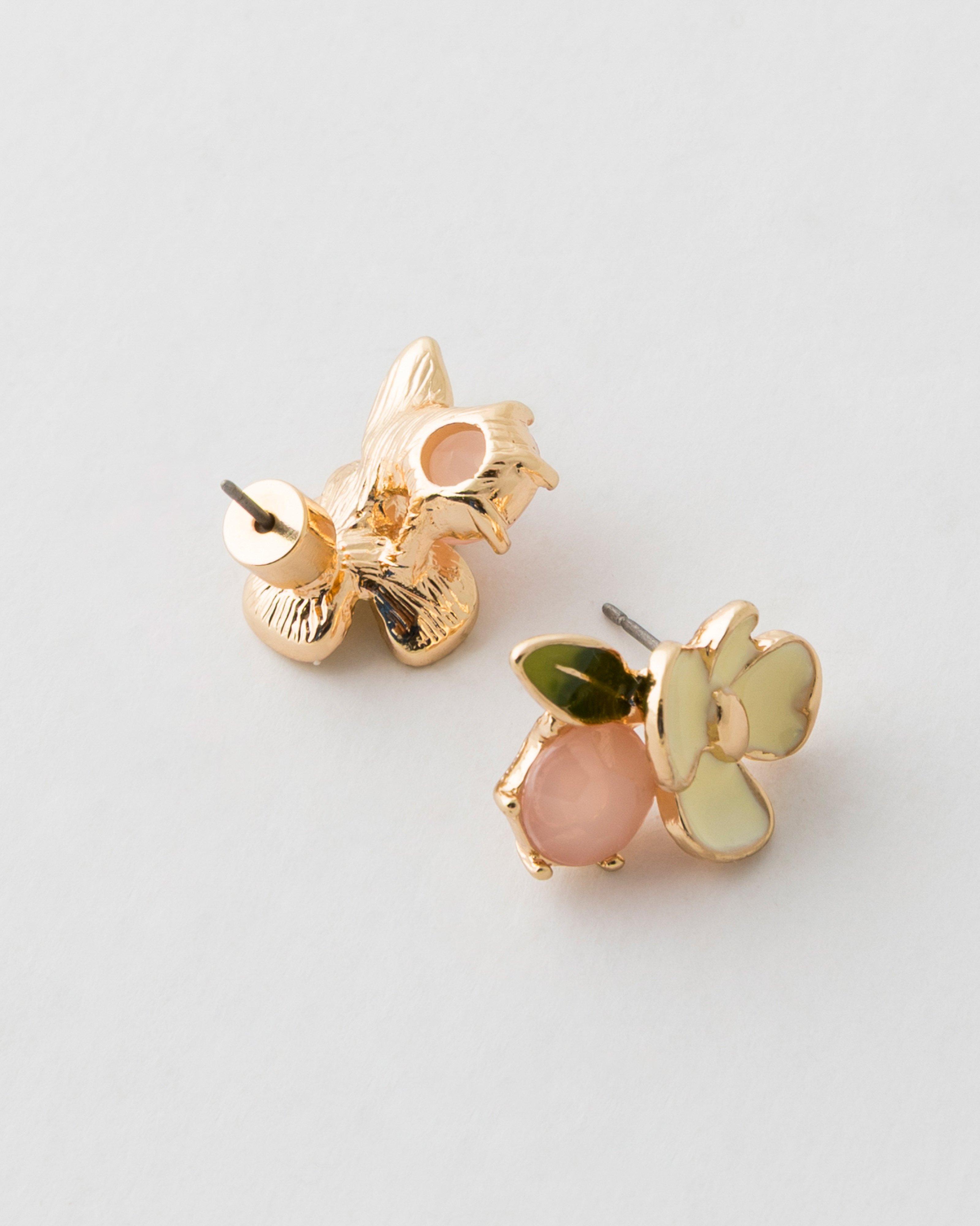  Flower & Stone Cluster Earrings -  Pink