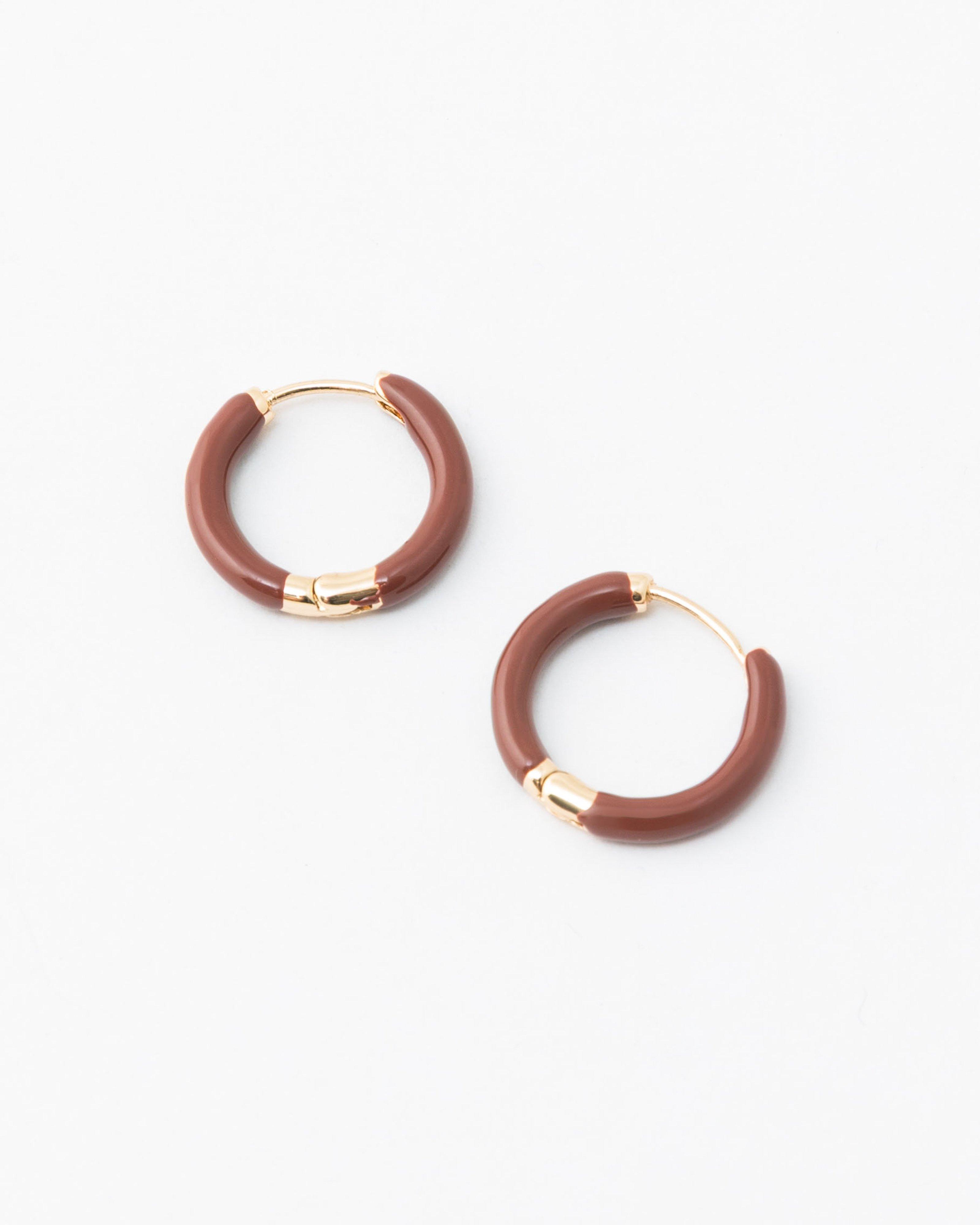  Enamel Mini Hoop Earrings -  Brown