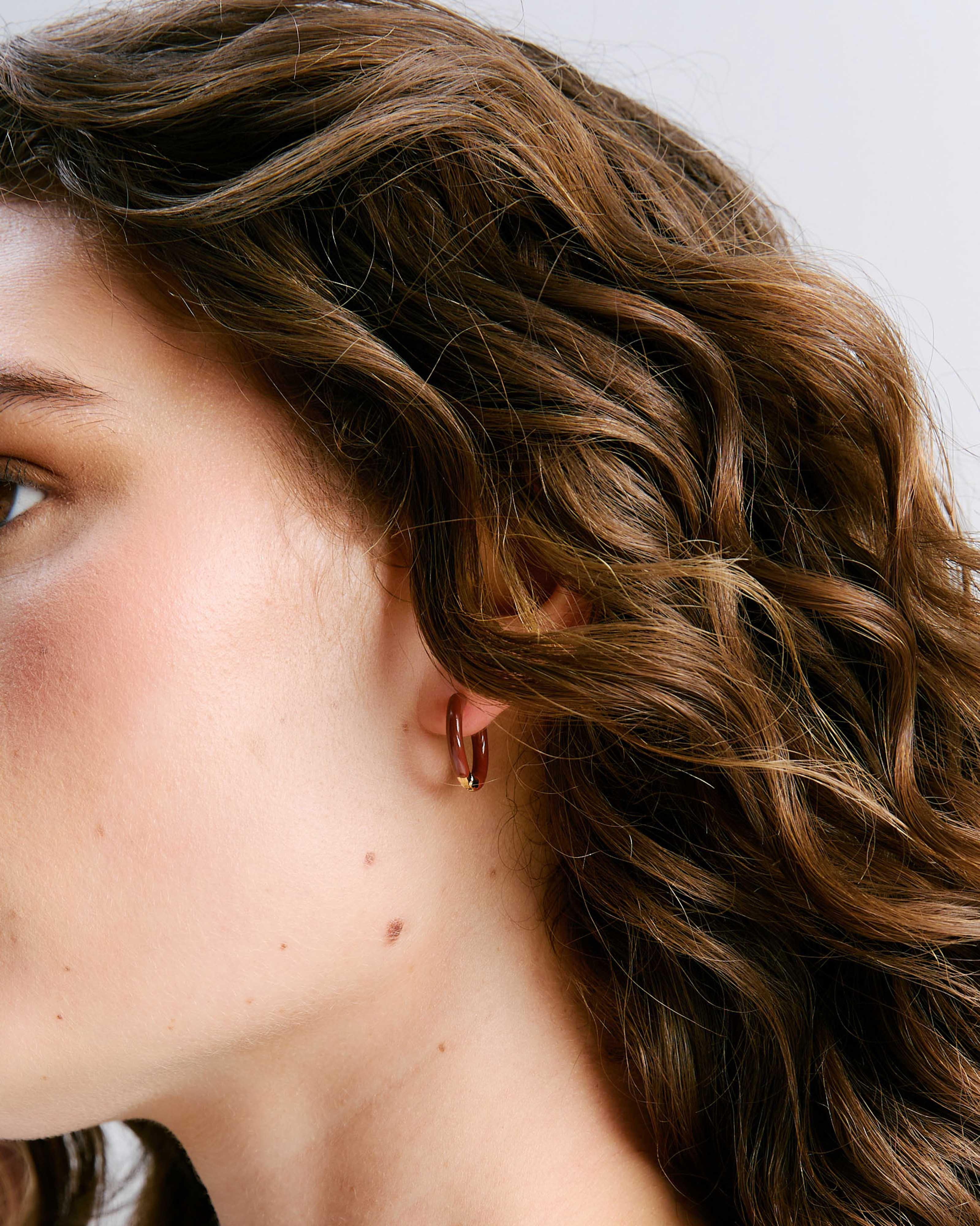  Enamel Mini Hoop Earrings -  Brown