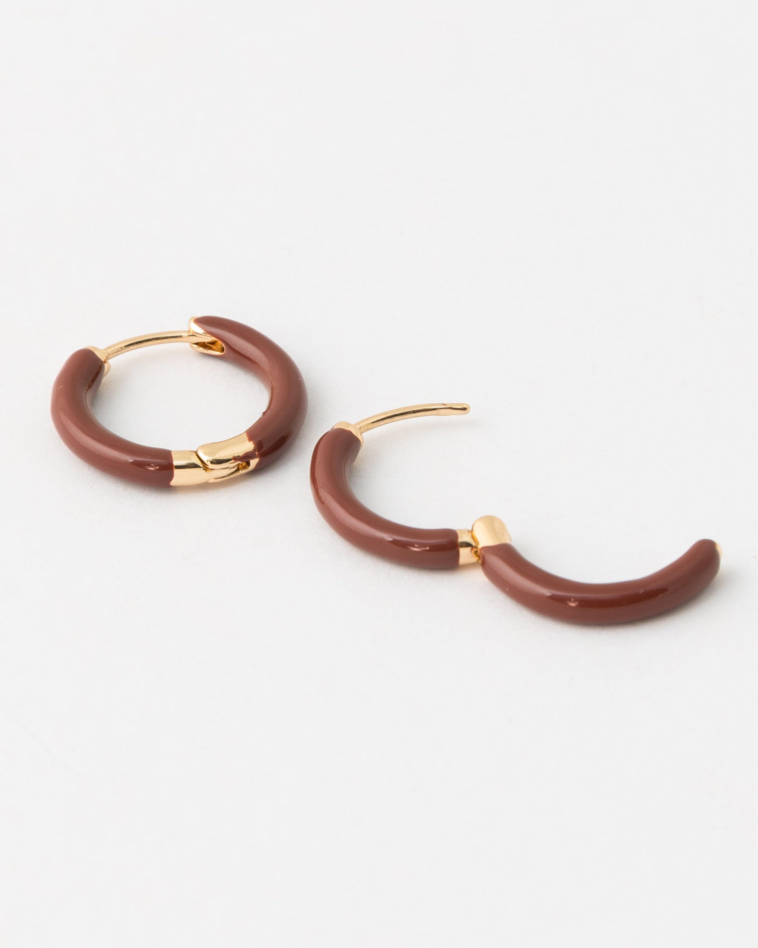  Enamel Mini Hoop Earrings -  Brown
