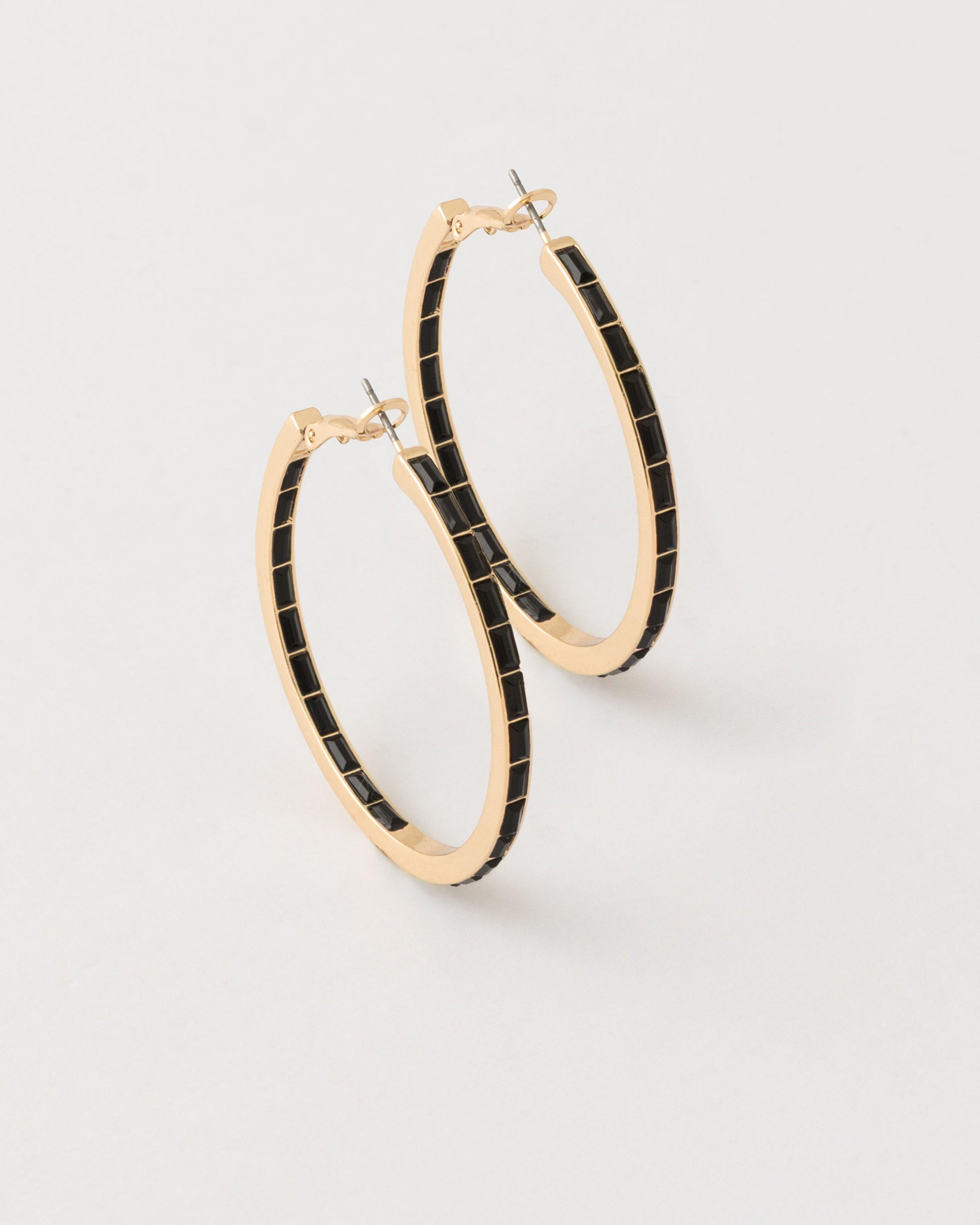  Stone Encrusted Hoop Earrings -  Black