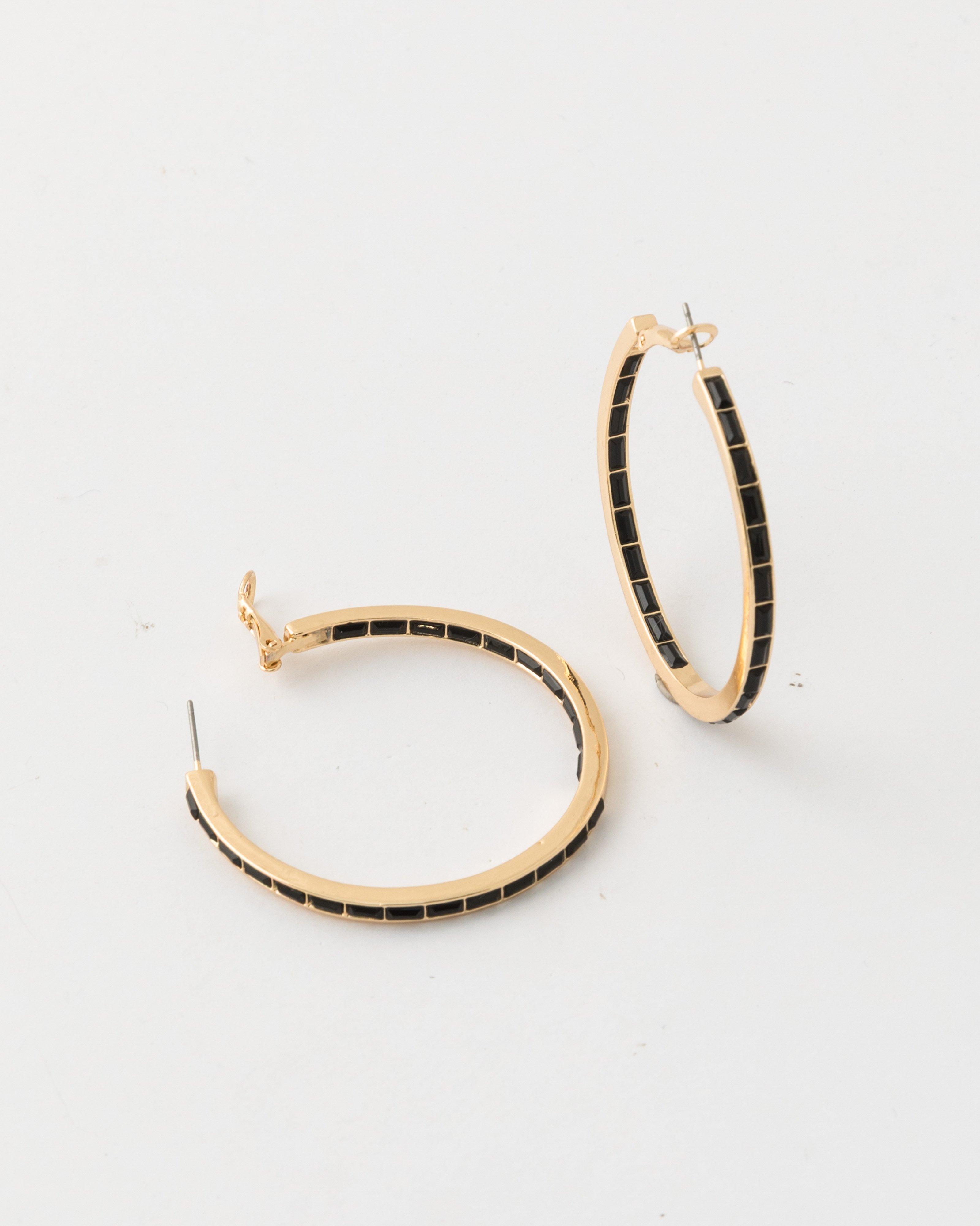  Stone Encrusted Hoop Earrings -  Black