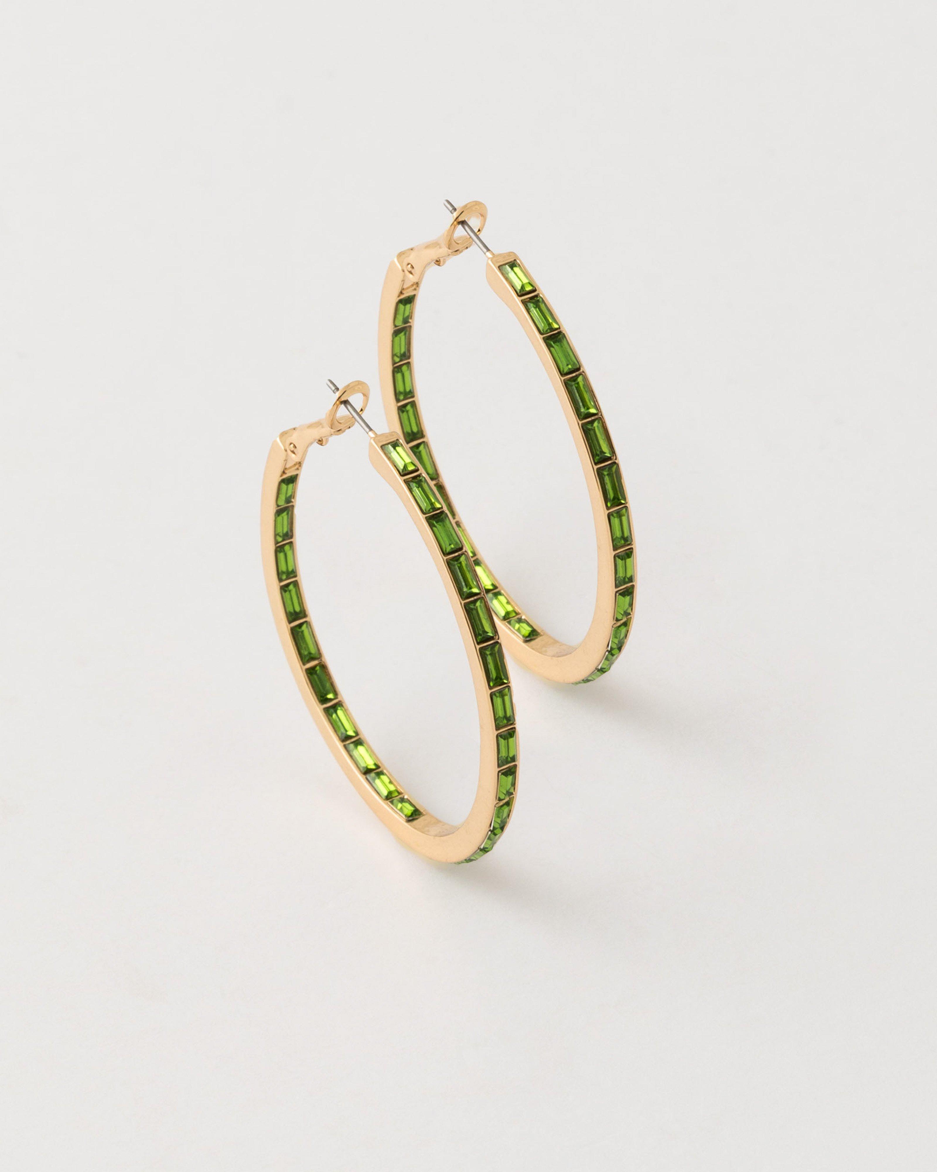  Stone Encrusted Hoop Earrings -  Green