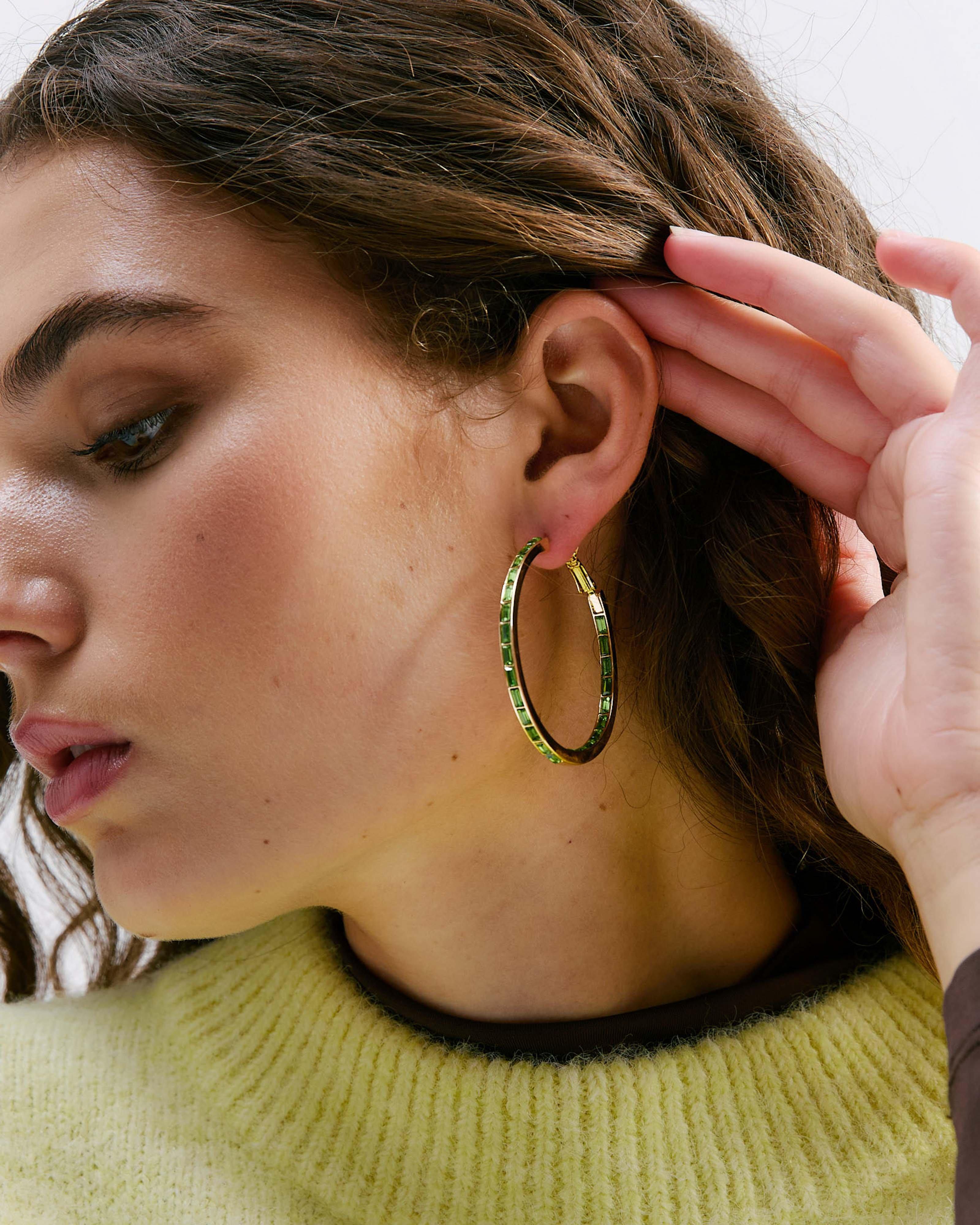  Stone Encrusted Hoop Earrings -  Green
