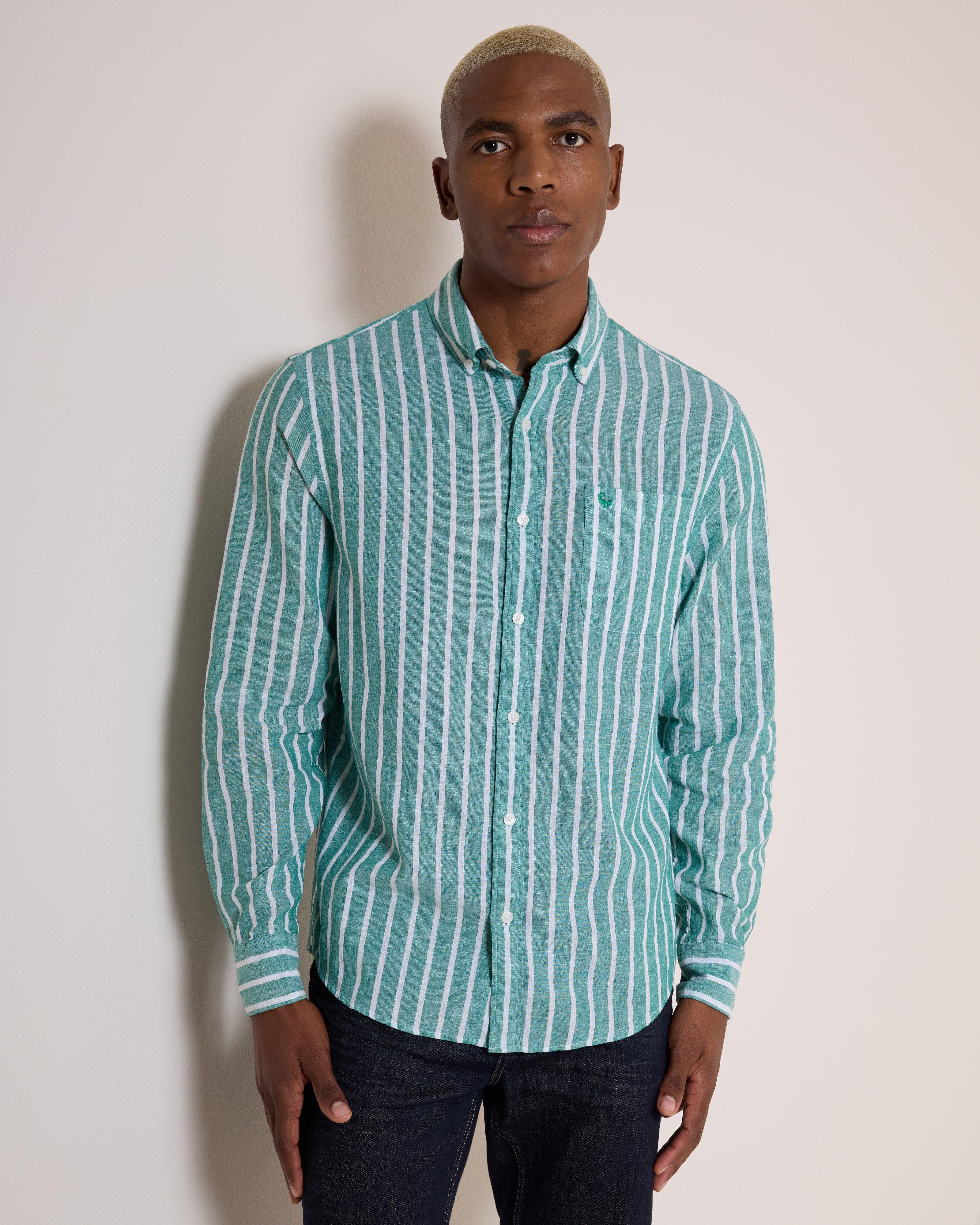 Men's Joe Cotton Linen Stripe Shirt - Green - Old Khaki