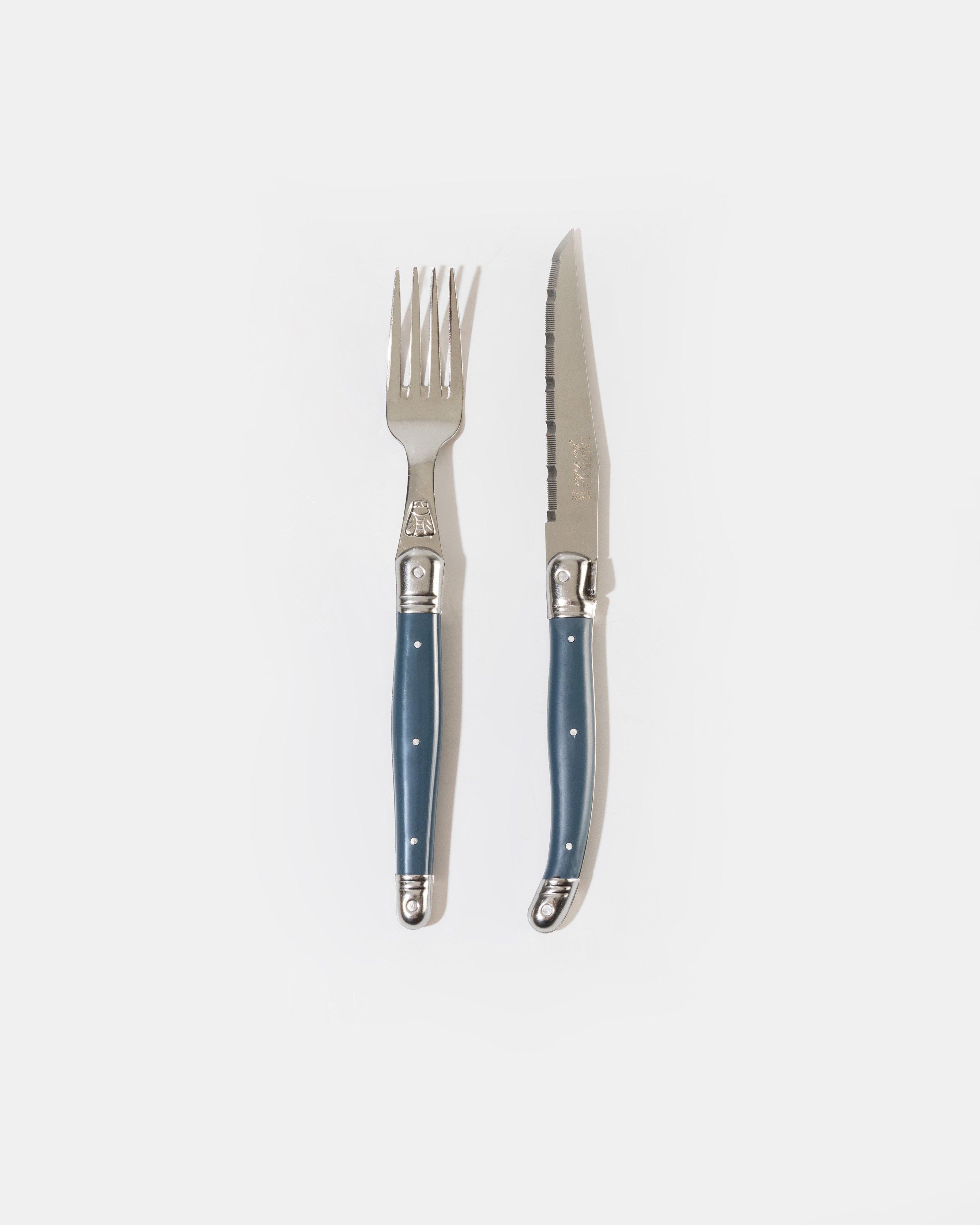 Laguiole Steak Knives and Fork Set Rustic Natural -  Blue