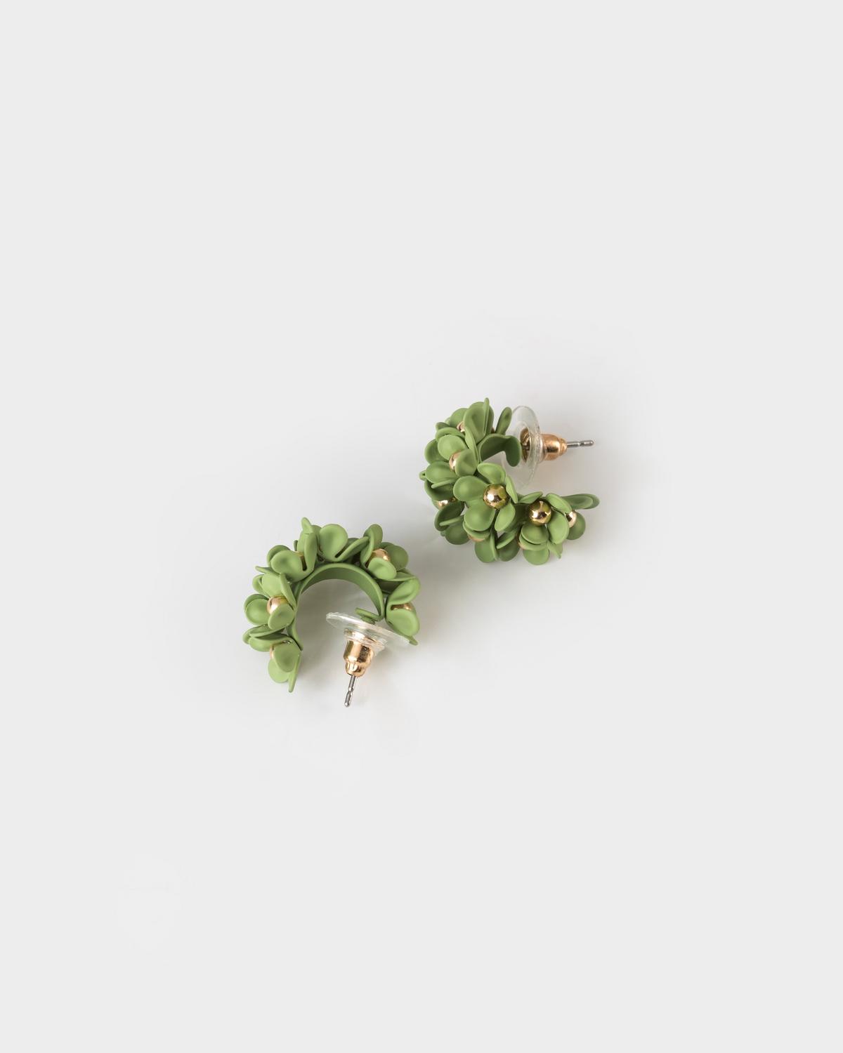 Clustered Floral Epoxy Hoop Earrings -  Green