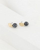 Oval Disk and Stone Double Drop Earrings -  black