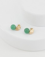 Oval Disk and Stone Double Drop Earrings -  emerald