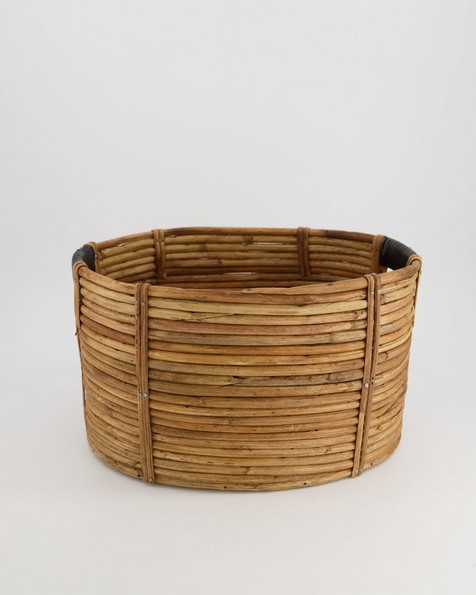 Rattan Basket with Black Wrapped Handle M -  oatmeal