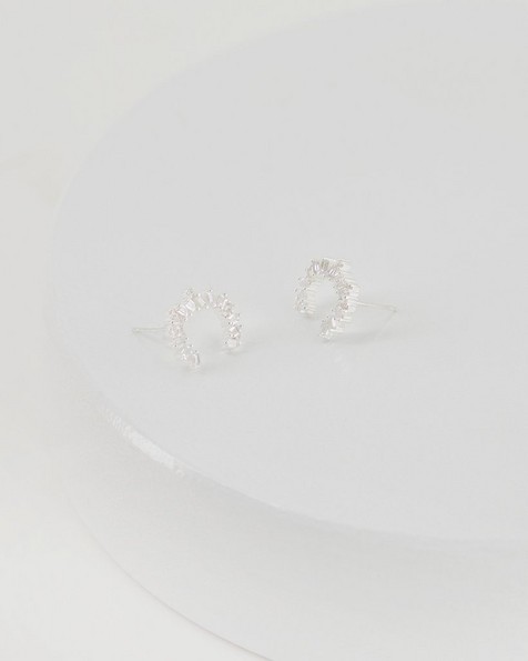 Cubic Zirconia & Silver Baguette Crown Stud Earrings -  milk