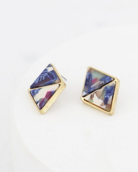 Diamond Resin Inset Stud Earrings -  blue