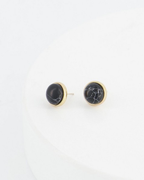 Natural Stone Domed Stud Earrings -  black