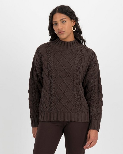 Poetry Larissa Cabled Mock Neck Jumper -  chocolate