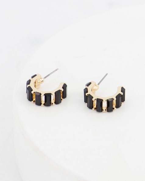 Stone Huggie Hoop Earrings -  black
