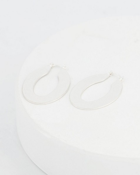 Flat Disk Oval Hoop Earrings -  silver