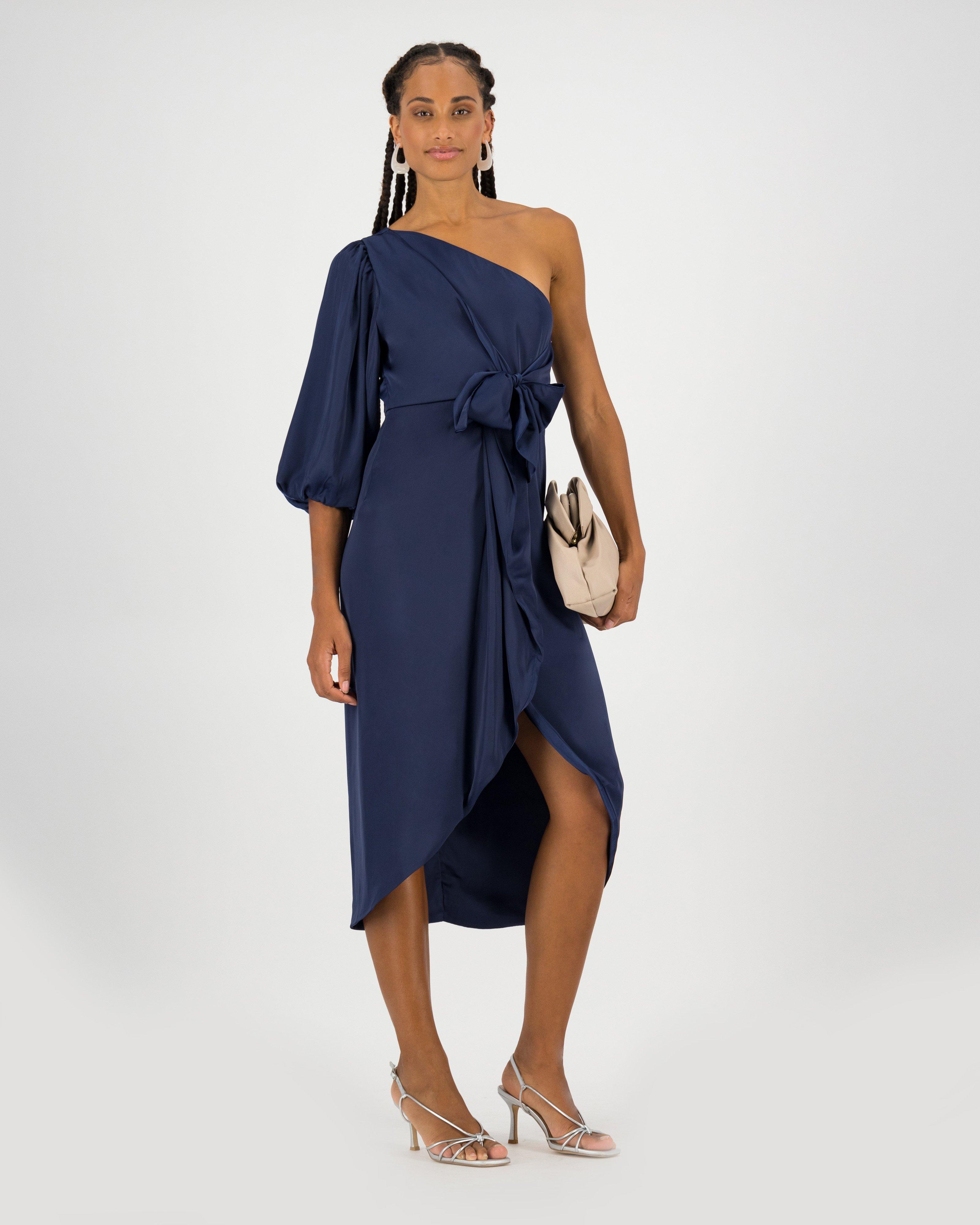 navy blue asymmetric hem one shoulder dress