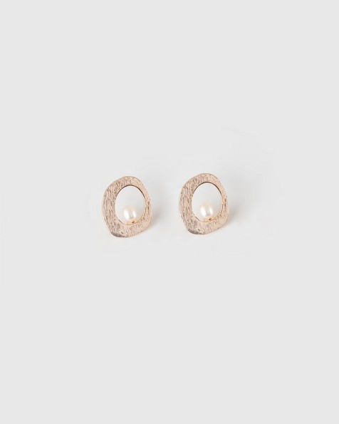 Freshwater Pearl Organic Circle Stud Earrings -  gold-cream